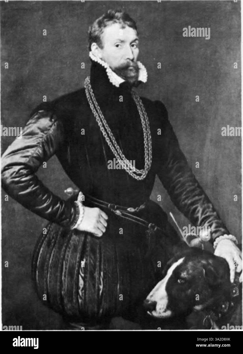 In Antonis Mors Porträt wird eine edle Figur dargestellt, die sorgfältig gerenderte Details ihrer Kleidung und einen kompositorischen Ausdruck enthält. Stockfoto