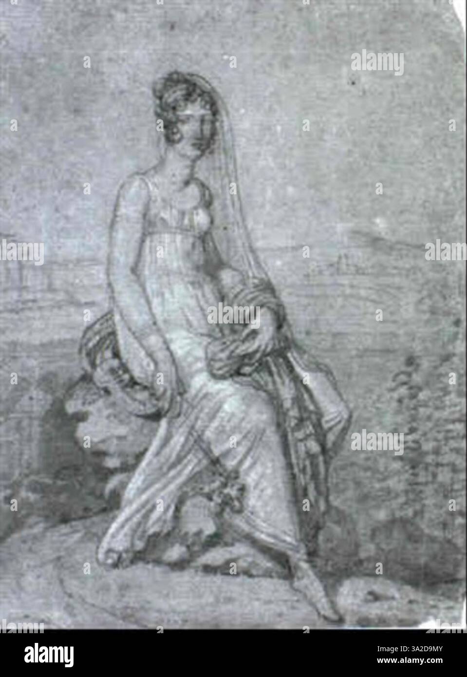 Dieses formelle Porträt von Jean-Auguste-Dominique Ingres zeigt Madame Delannoy und hebt ihre elegante Kleidung und ihre ausgeglichene Haltung hervor. Die detailreiche Darstellung zeigt Ingres' Können in der Darstellung von Adel und Anmut. Stockfoto