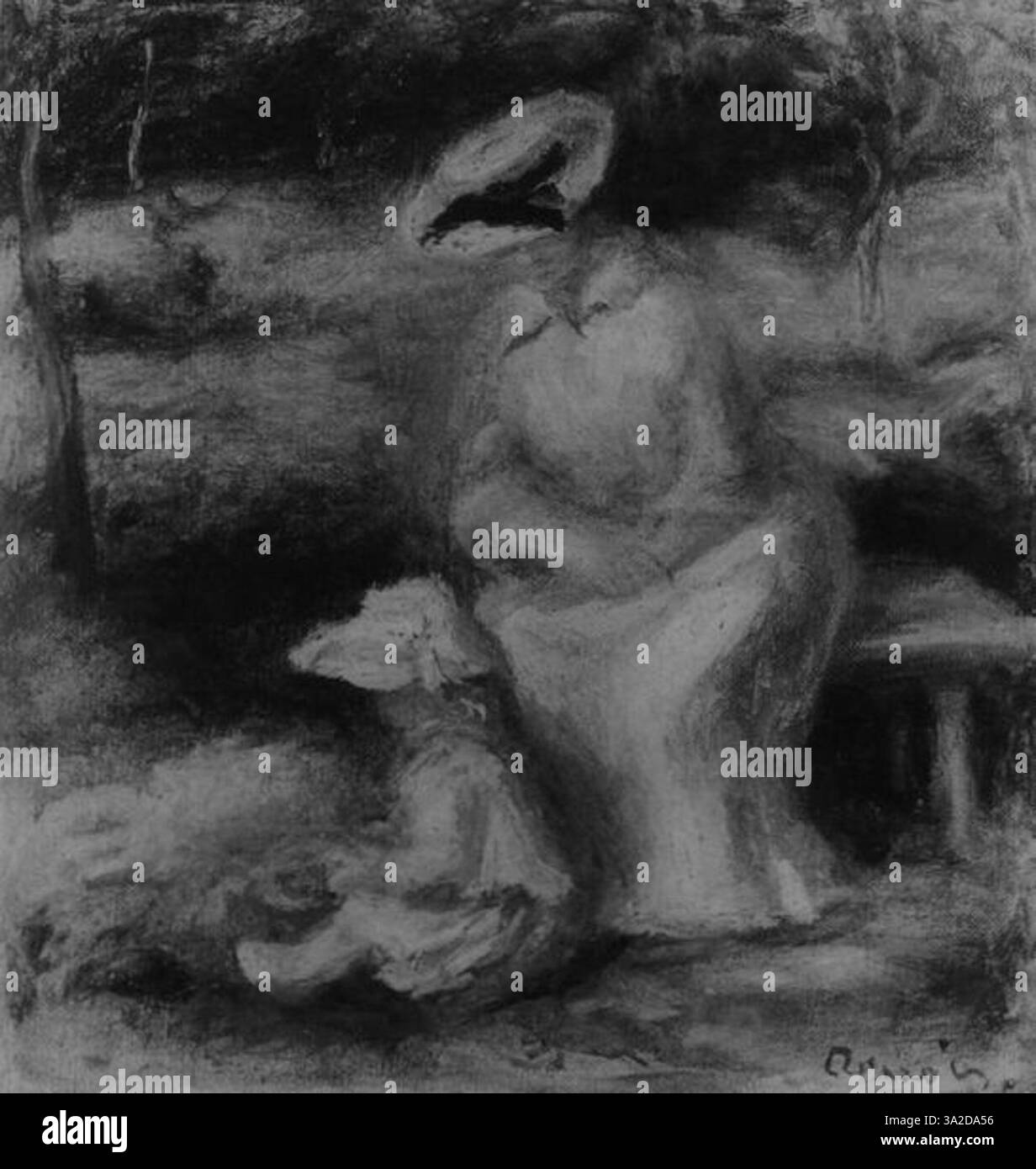 Dieses Gemälde von Pierre-Auguste Renoir (1841–1919) zeigt seinen unverkennbaren Stil der Mischung von Licht und Schatten. Renoir verwendet Farben und fließende Pinselstriche, um einen intimen Moment der Zeit, voller Wärme und subtiler Emotionen, festzuhalten. Stockfoto