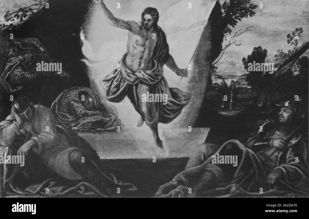 In diesem Stück erzeugt Tintorettos charakteristische Verwendung von Licht und Schatten einen markanten Kontrast, der die Figuren in Bewegung betont. Die dramatischen Posen der Figuren erhöhen die emotionale Kraft der Szene. Stockfoto