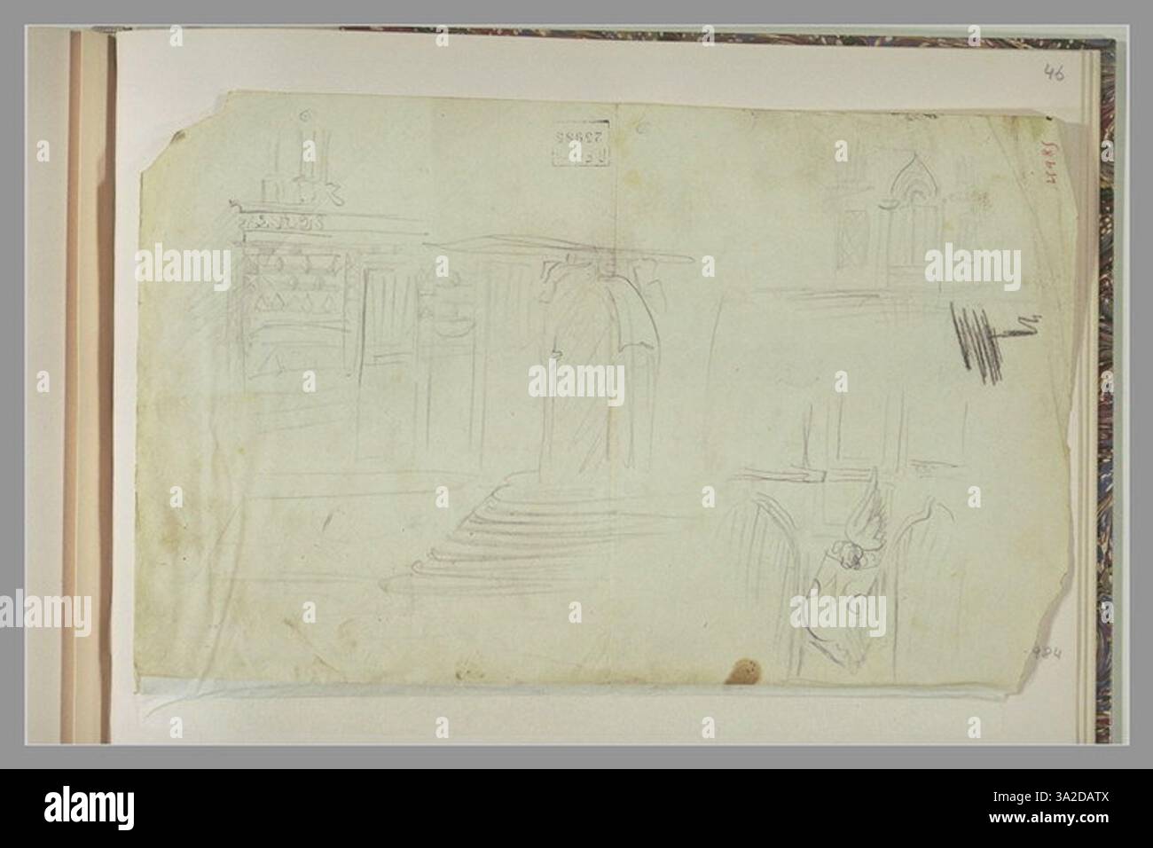 Diese Zeichnung zeigt drei Studien der venezianischen Architektur, die sich auf architektonische Details und Strukturen konzentrieren, die typisch für die Region sind. Chassériaus Präzision fängt die Elemente venezianischen Designs ein. Stockfoto