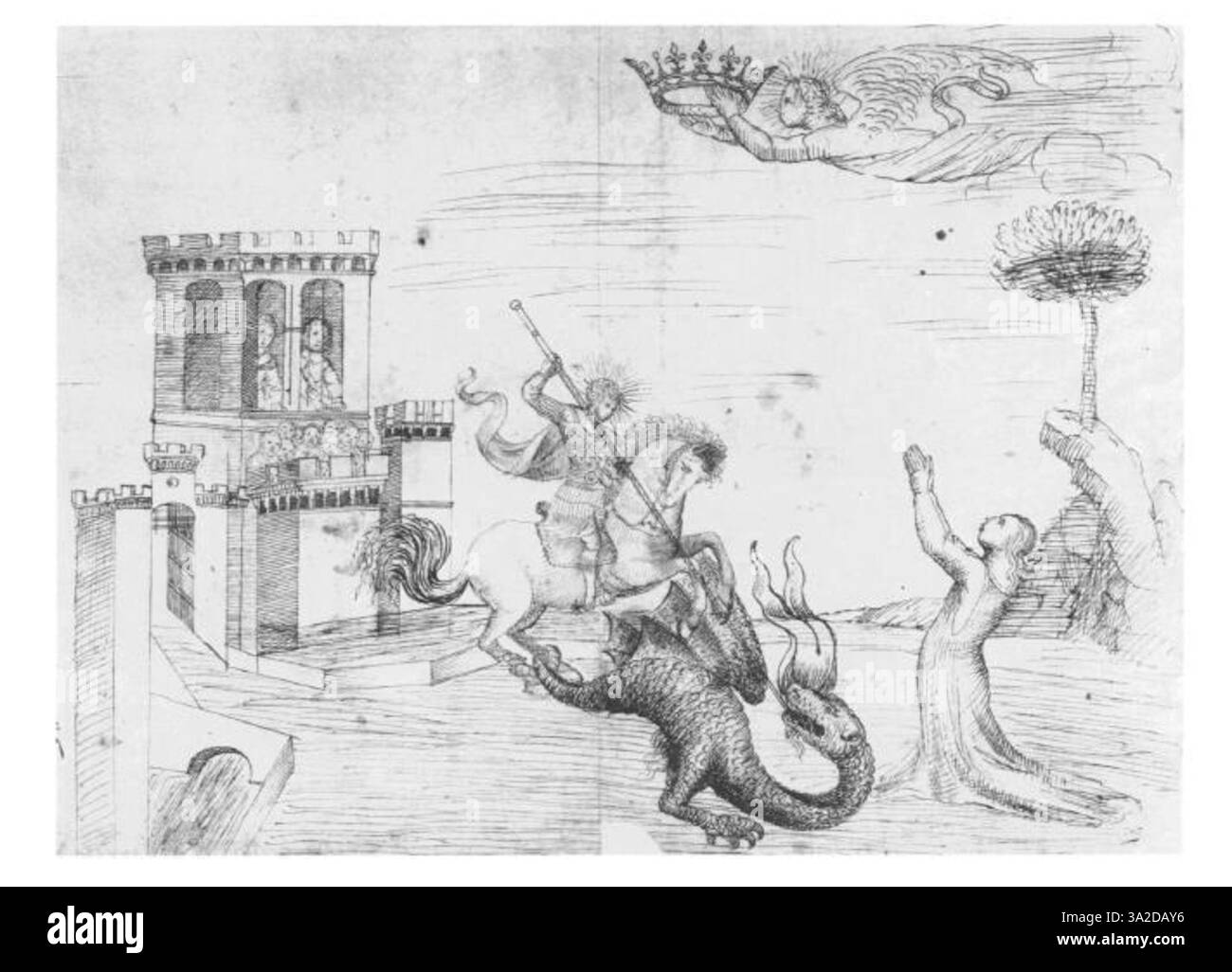 Diese Illustration von St. Georg und dem Drachen aus dem 14. Jahrhundert, die möglicherweise von einem unbekannten Künstler geschaffen wurde, zeigt die legendäre Konfrontation zwischen St. Georg und dem Drachen. Das Stück ist in der Vatikanischen Bibliothek untergebracht und zeigt mittelalterliche Kunstfertigkeit. Stockfoto