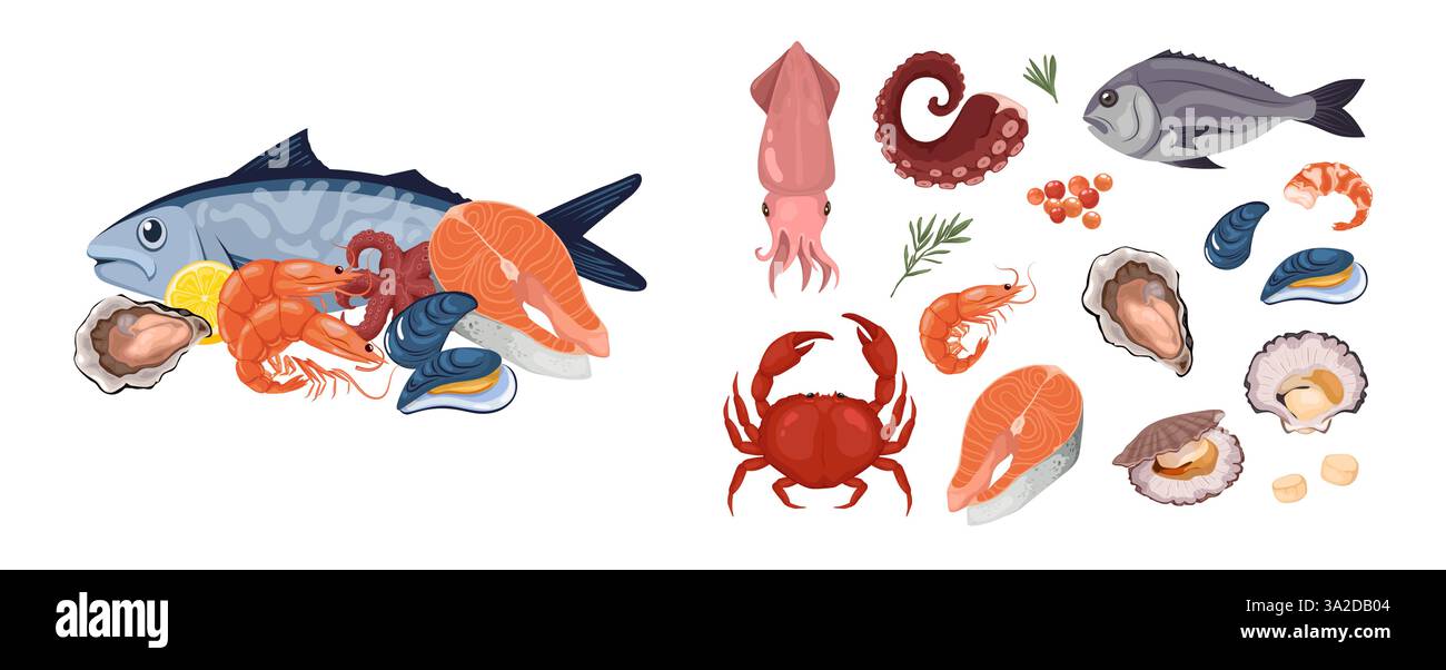 Zeichentrickset Meeresfrüchte. Garnelen oder Krabben Stock Vektor