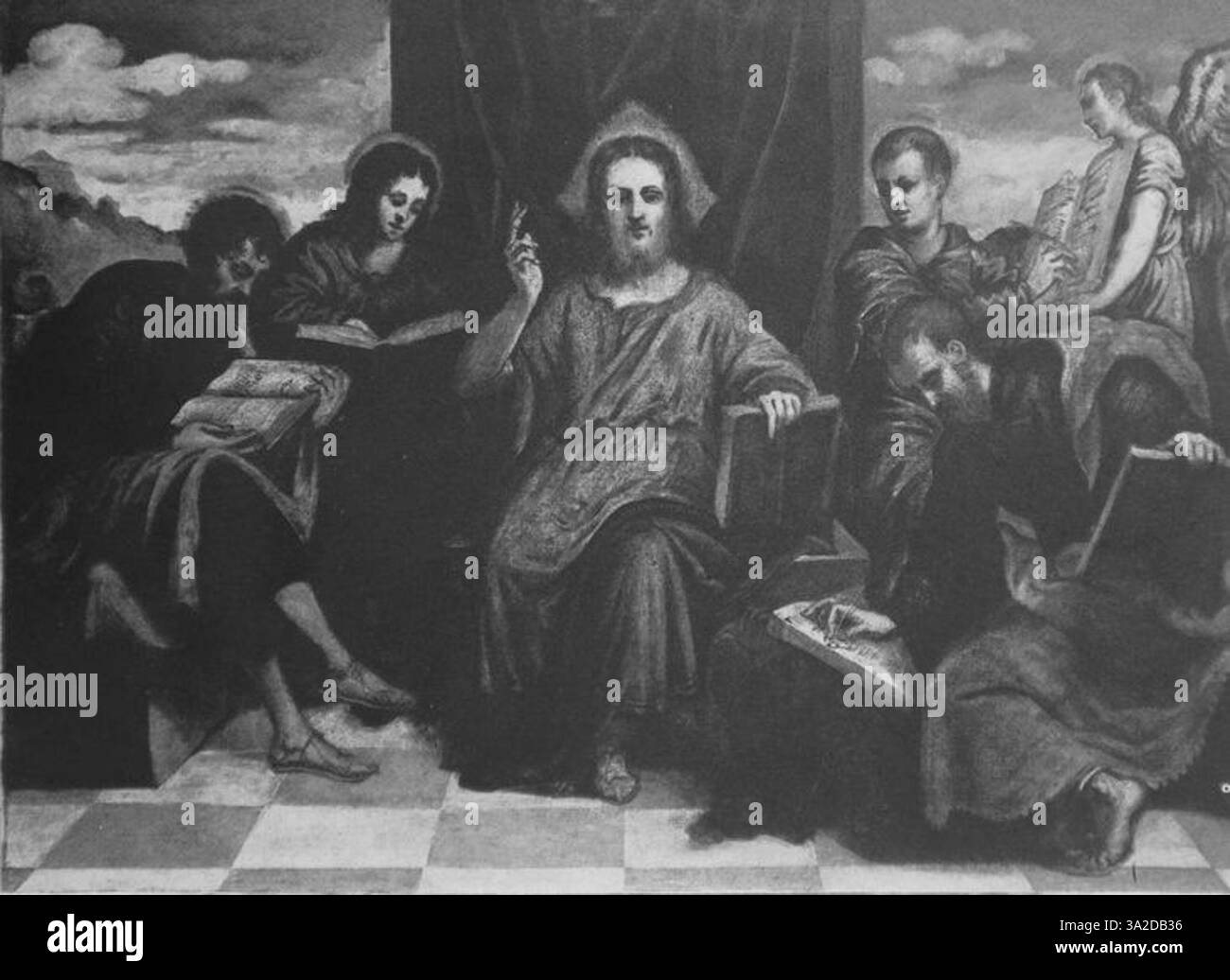 Dieses Gemälde von Jacopo Tintoretto zeigt seine charakteristischen energetischen Pinselstriche und dramatische Beleuchtung, die oft auf religiöse Erzählungen fokussiert sind. Die Komposition präsentiert komplizierte Details von Figuren in Bewegung und betont die emotionale Intensität. Stockfoto