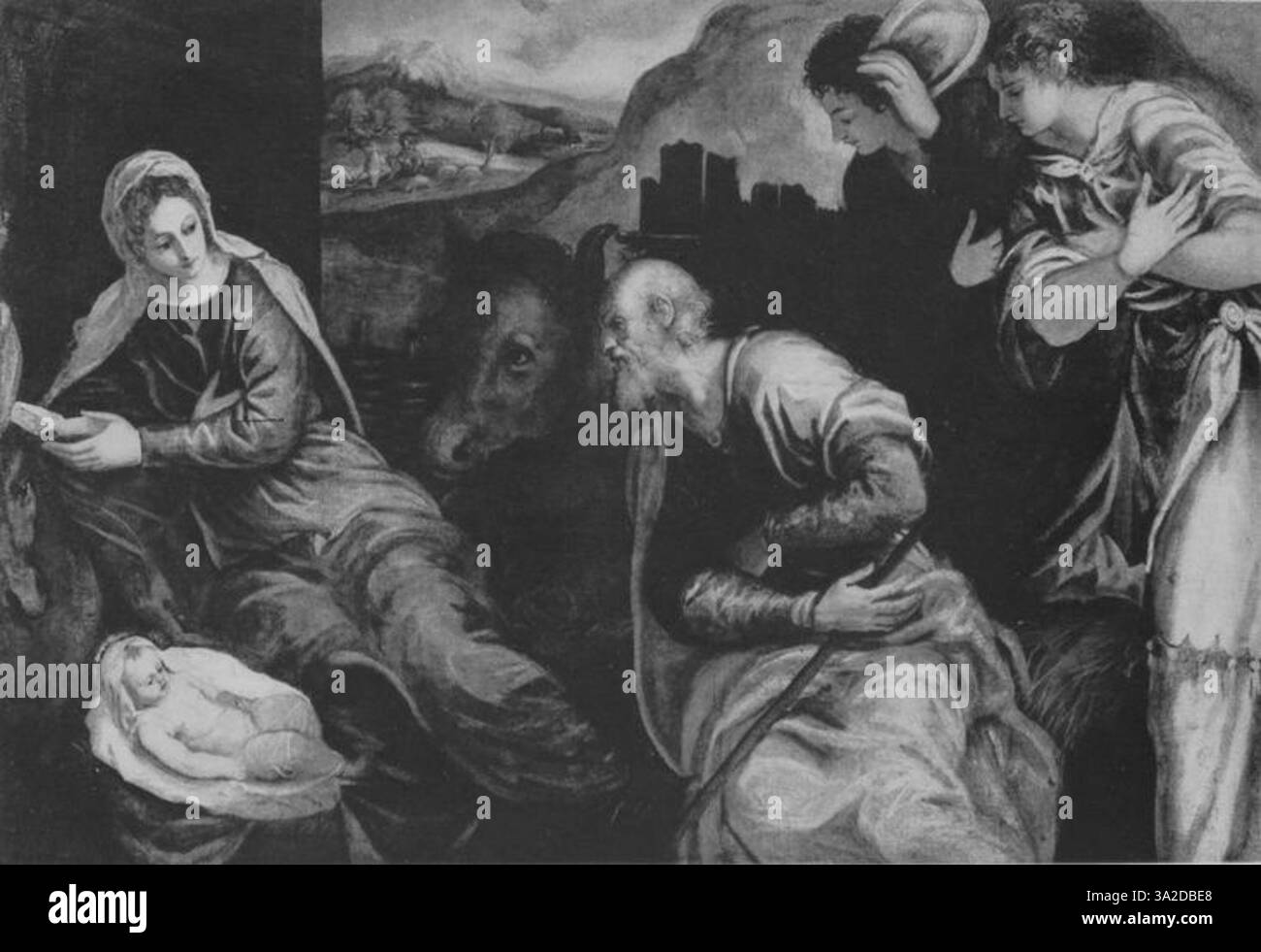 Dieses Gemälde von Jacopo Tintoretto zeigt seine charakteristische Verwendung von dramatischer Beleuchtung und dynamischen Figuren. Die Szene vermittelt intensive Emotionen durch die Bewegungen der Charaktere und ihre dramatischen Posen. Stockfoto