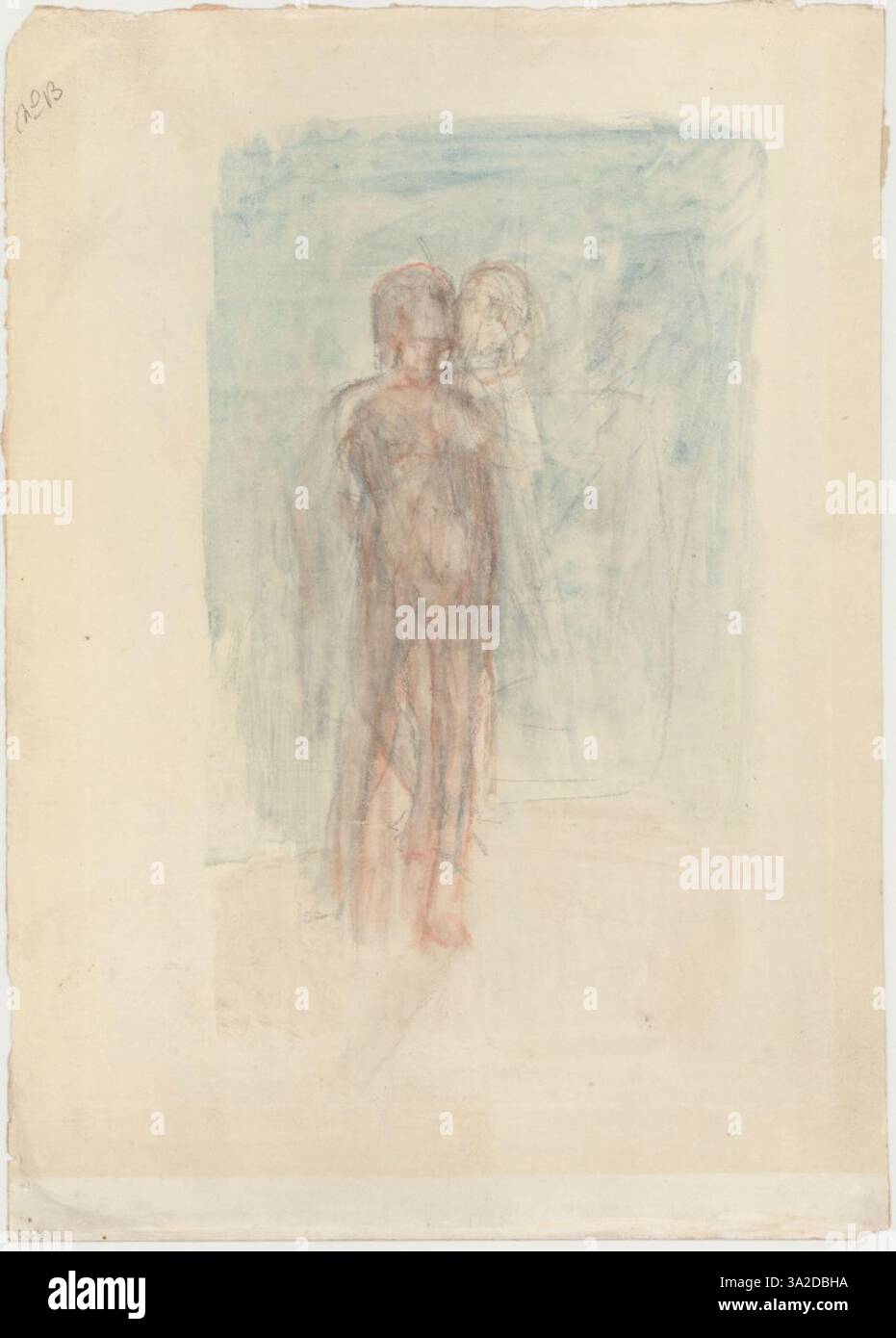 „Femme Embrassant une tête“ zeigt eine Frau, die einen Kopf umschließt und einen intimen und emotionalen Moment vermittelt. Das Stück beschäftigt sich mit Themen wie Zuneigung, Verletzlichkeit und menschliche Verbindung. Stockfoto