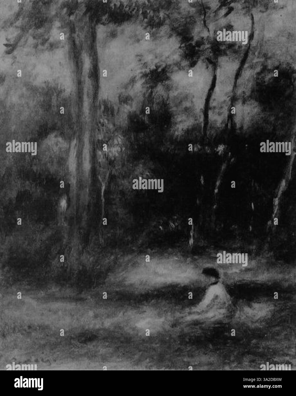 Dieses Gemälde von Pierre-Auguste Renoir aus dem Jahr 1841 spiegelt seine frühe Erforschung von Licht, Farbe und menschlichen Figuren wider. Renoir verwendet lebhafte Töne und dynamische Pinselstriche, die die Entwicklung seines charakteristischen Stils markieren und das Zusammenspiel zwischen Motiven und ihrer Umgebung betonen. Stockfoto