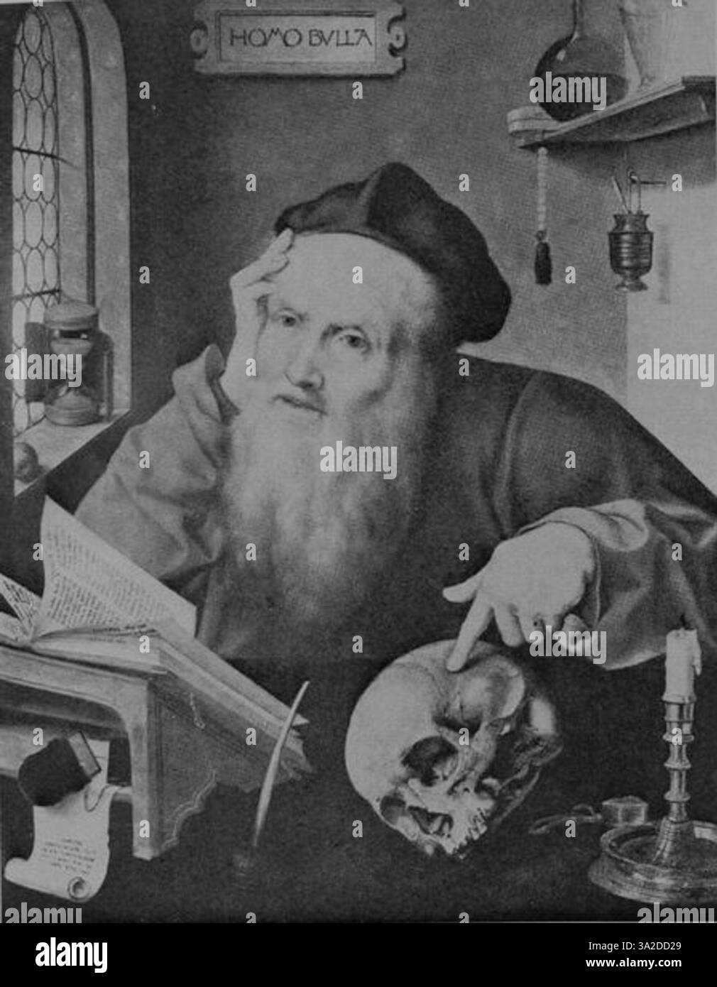 Dieses Kunstwerk von Joos van Cleve, das zwischen 1485 und 1540 entstanden ist, zeigt die meisterhafte Porträttechnik des Künstlers. Das Gemälde ist ein Beispiel für sein detailliertes Werk, das seine unverkennbare Herangehensweise an die Erfassung lebensechter Ausdrücke und komplizierter Details in den Figuren unterstreicht. Stockfoto