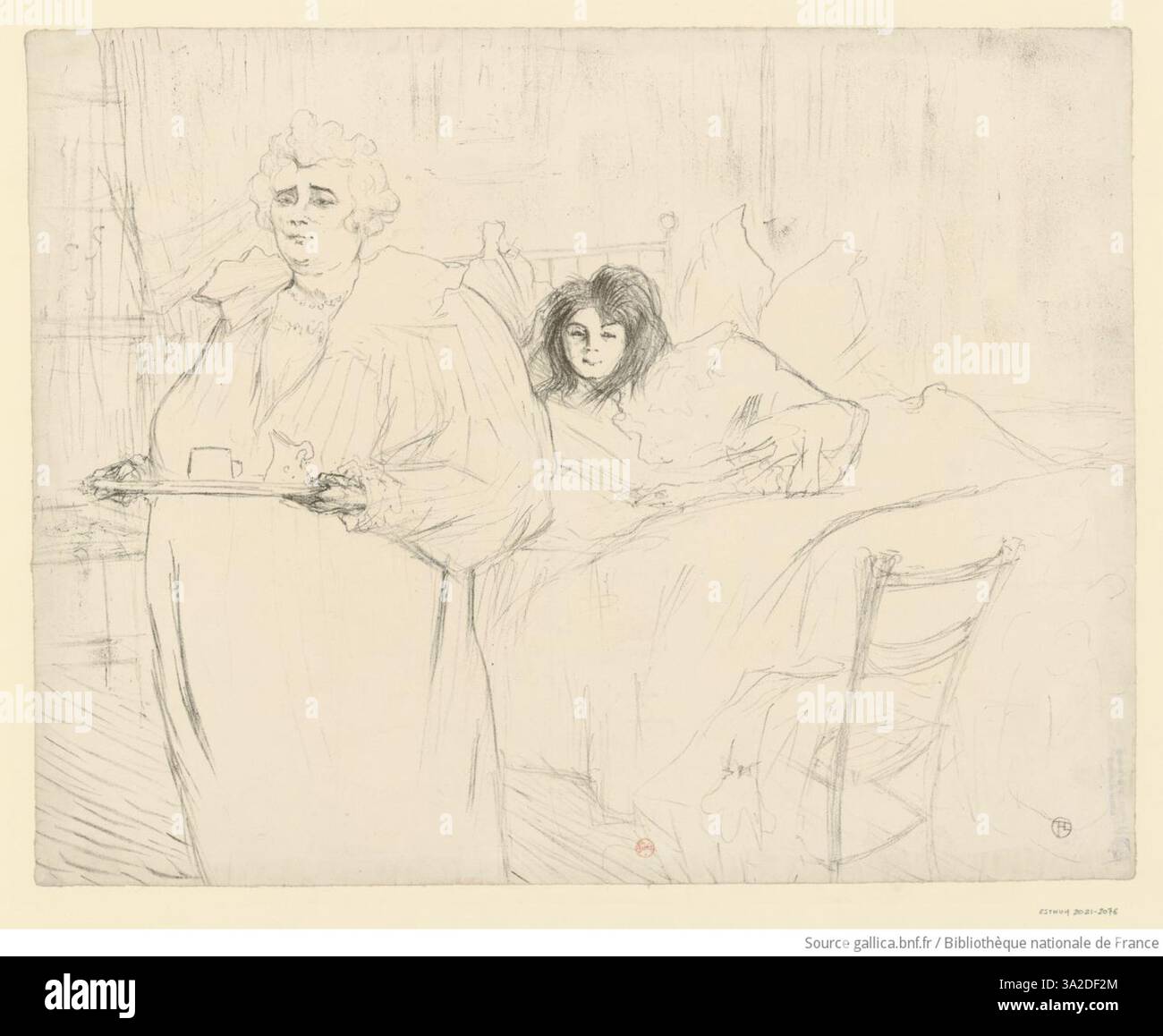 „Femme au Plateau - Petit déjeuner“ zeigt zwei Frauen, Madame Baron und Mademoiselle Popo, während des Frühstücks. Lautrecs Verwendung lebendiger Farben und fließender Linien unterstreicht die soziale Interaktion und das tägliche Leben der Pariser Frauen. Stockfoto