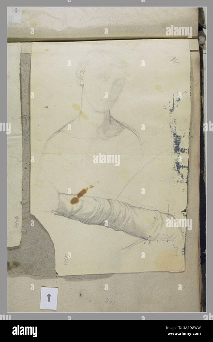 Diese Studie zeigt einen Frauenarm in einem Ärmel und ein Brustporträt, wobei Chassériau auf die Vorhänge und feinen Details der Figur fokussiert. Stockfoto