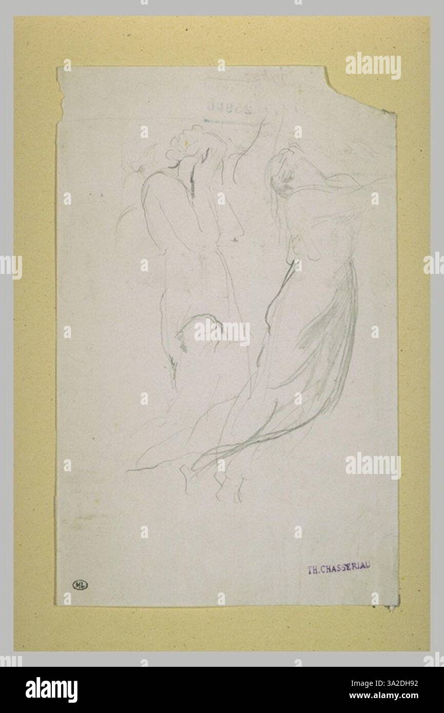 Eine Frau fällt in die Leere, während eine andere ihr Gesicht mit den Händen bedeckt. Die Zeichnung fängt einen Moment der Verzweiflung und Verwundbarkeit ein. Stockfoto