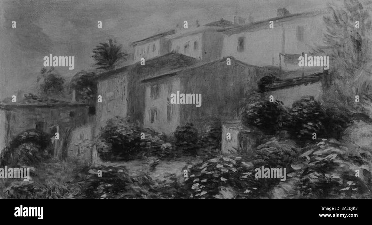 Dieses Stück von Pierre-Auguste Renoir (1841–1919) zeigt seinen unverkennbaren impressionistischen Stil mit zarten Pinselstrichen und einem Fokus auf Licht. Renoir fängt einen Moment der Gelassenheit ein und sorgt mit weichen Farbtönen und präzisen Pinselarbeiten für eine harmonische Atmosphäre. Stockfoto