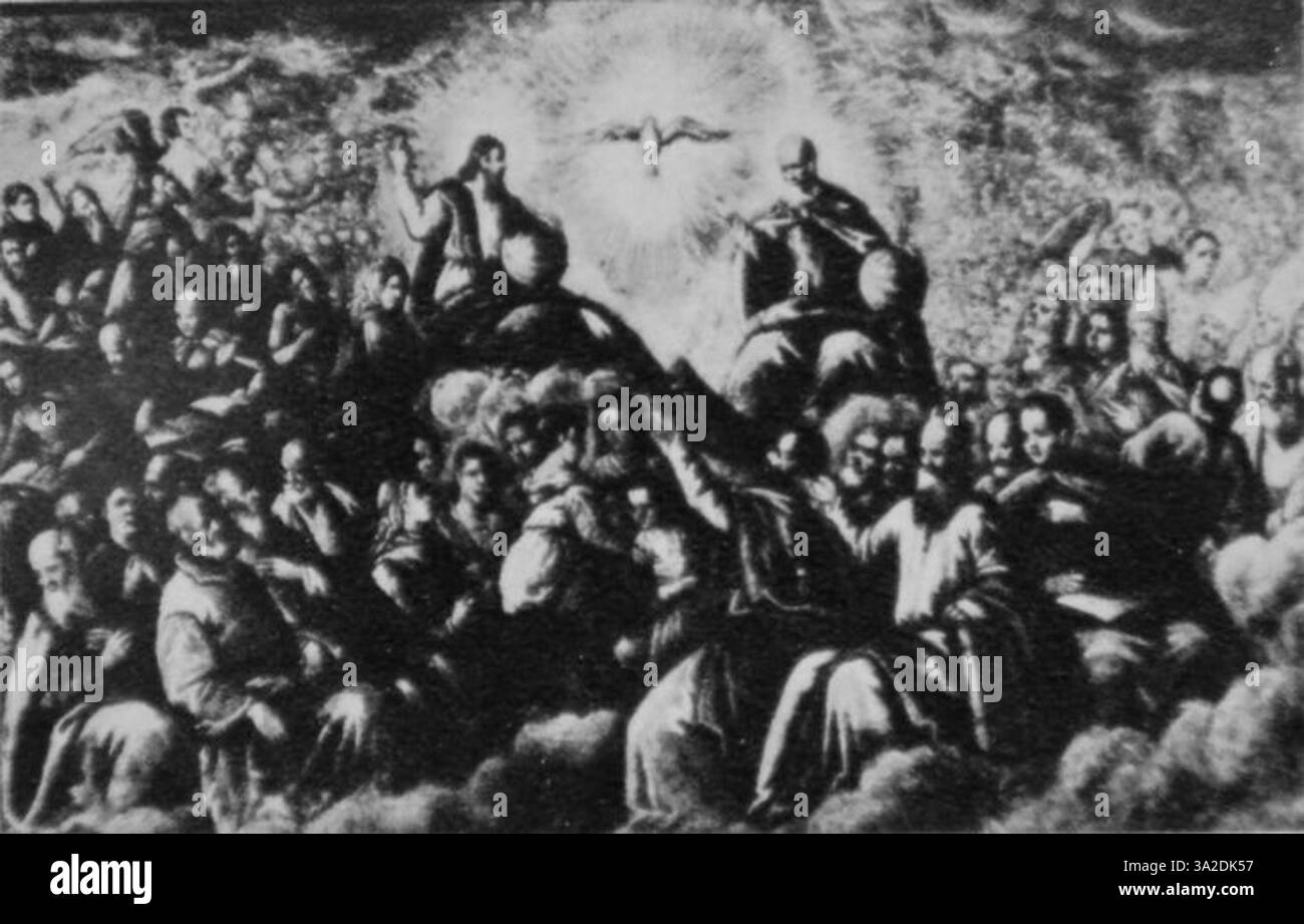 El Grecos *Le paradis* (1578) stellt eine himmlische Szene dar, in der er seine charakteristische dramatische Verwendung von Farbe und Form zeigt. Die Komposition betont das göttliche und das Andersweltliche, charakteristisch für den Ansatz des Künstlers in der Spätrenaissance zu religiösen Themen. Stockfoto