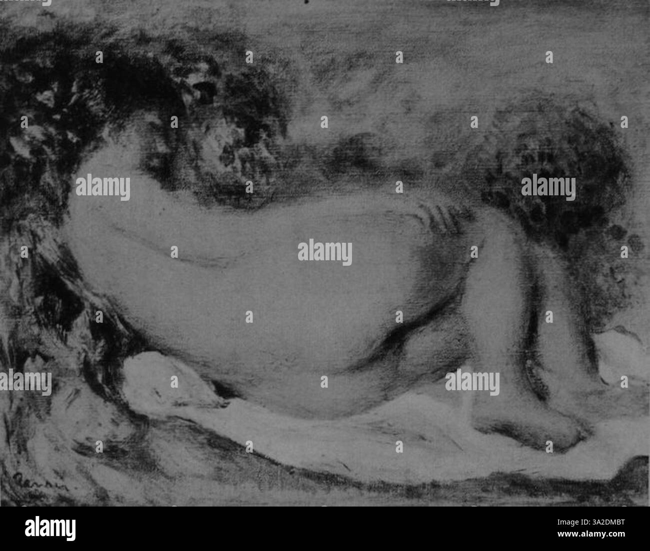 Renoir nutzt weiches Licht und eine reichhaltige Farbpalette, um die Wärme und emotionale Tiefe der Figuren in dieser intimen Szene zu verdeutlichen. Stockfoto