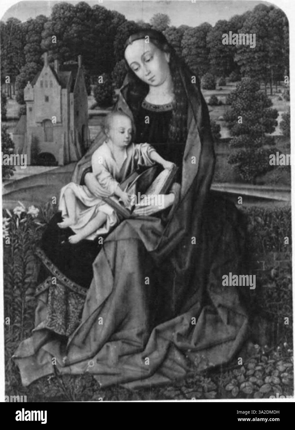 Das religiöse Gemälde von Hugo van der Goes zeichnet sich durch detailreiche Figuren, satte Texturen und eine lebendige Farbpalette aus. Die Komposition betont die emotionale Tiefe der Szene, ein Schlüsselmerkmal der frühen niederländischen Kunst. Stockfoto