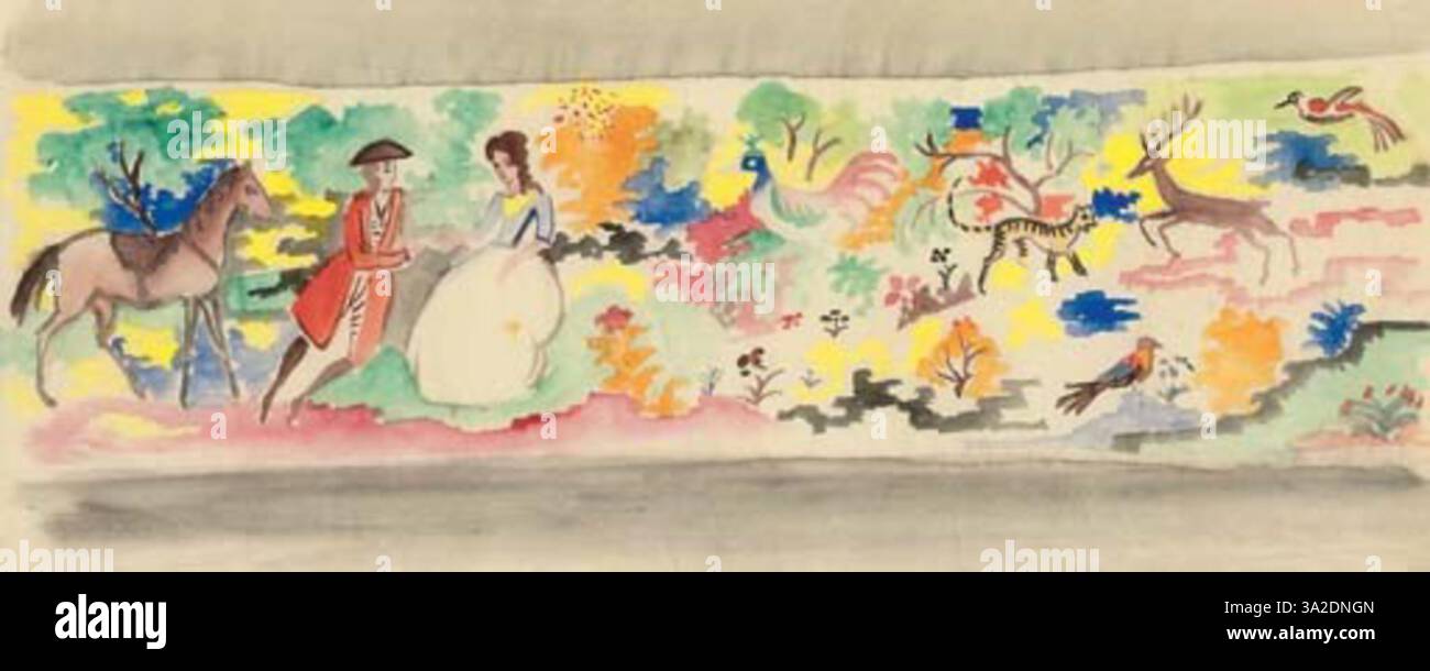 Stelldichein im Walde von August Macke stellt eine Gruppe von Menschen dar, die sich in einem Wald versammelt haben. Das Gemälde spiegelt Mackes Verwendung von Farbe und Form wider, um eine soziale und emotionale Interaktion innerhalb der Natur zu wecken. Stockfoto