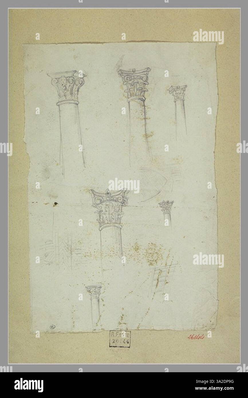 Das Werk von Chassériau zeigt sechs Studien von Säulen und Kapitellen, die die Aufmerksamkeit des Künstlers für architektonische Details und den klassischen Einfluss auf seinen Stil demonstrieren. Stockfoto
