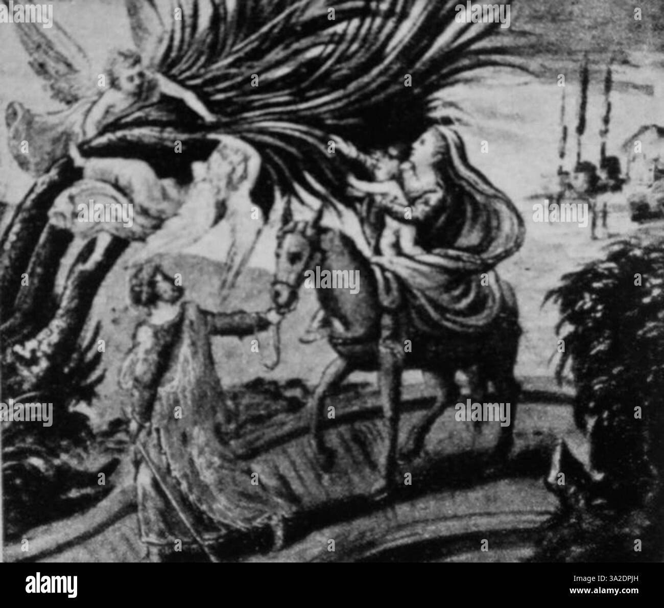 El Grecos „Flug nach Ägypten“ stellt die Heilige Familie auf ihrer Flucht dar, dargestellt mit den charakteristischen, langgezogenen Figuren des Künstlers und dramatischer Verwendung von Farbe und Licht. Stockfoto