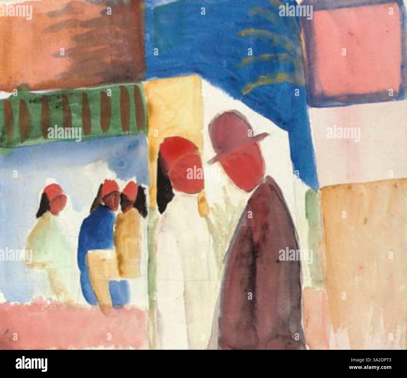 „Auf der Straße“ von August Macke zeigt eine lebhafte Straßenszene mit Figuren, die durch ein modernes urbanes Ambiente laufen. Das Gemälde zeichnet sich durch eine lebendige Farbpalette und fließende Formen aus. Stockfoto