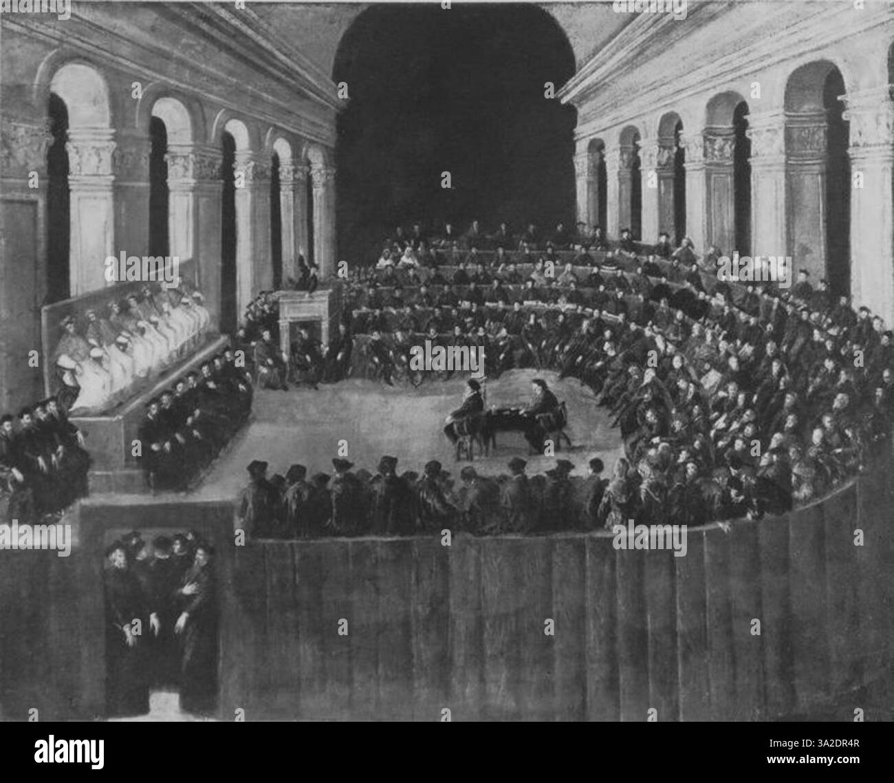 Tintorettos Gemälde zeigt seine charakteristische dynamische Komposition und den mutigen Einsatz von Licht. Die expressiven Figuren schaffen eine dramatische Szene, die typisch für die Fähigkeit des Künstlers ist, die emotionale Intensität religiöser und historischer Erzählungen einzufangen. Stockfoto