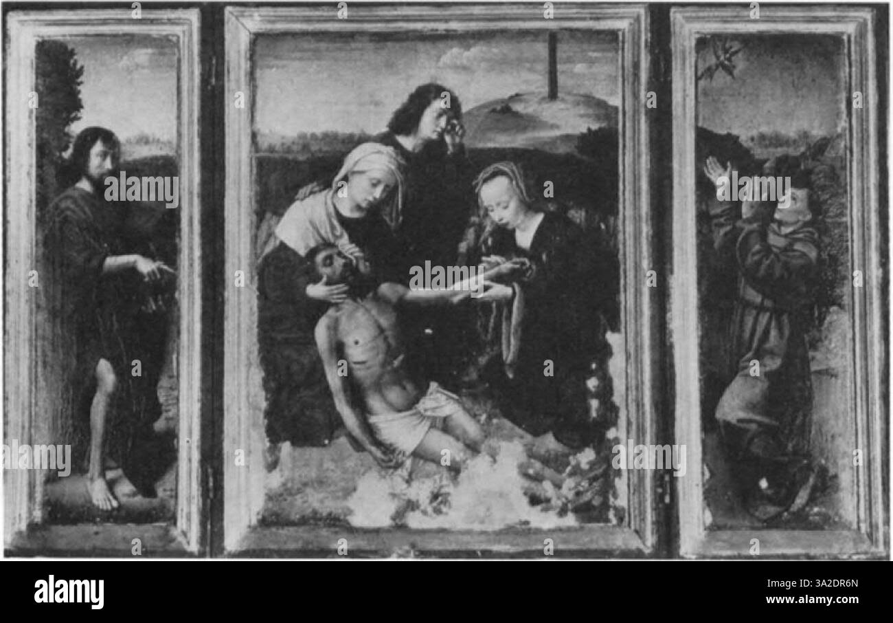 Dieses Stück von Memlinc und Gerard David zeigt eine religiöse Szene mit komplizierten Details und der Verwendung von Licht und Schatten, um Tiefe und Realismus zu verleihen. Stockfoto