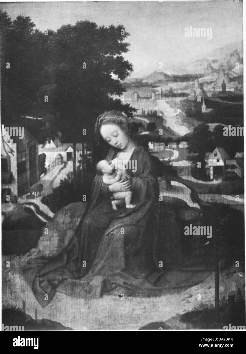 Adriaen Ysenbrants Gemälde veranschaulicht den Antwerpener manieristischen Stil mit seiner akribischen Darstellung von Figuren und Texturen. Die Kunst der Ölmalerei, die wahrscheinlich religiöse oder historische Themen darstellt, bringt emotionale Tiefe und naturalistische Präzision in die Szene, mit einem starken Fokus auf Realismus und detaillierte Hintergründe. Stockfoto