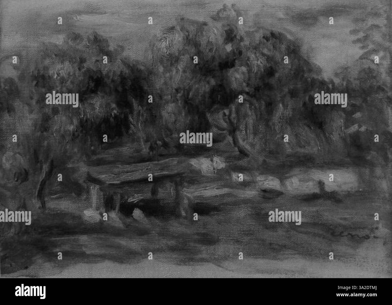 Renoir 2948 präsentiert Figuren in einem lebendigen Outdoor-Treffen mit dynamischen Pinselstrichen und kräftigen Farben, die die Bewegung und Energie der Szene wiedergeben. Stockfoto