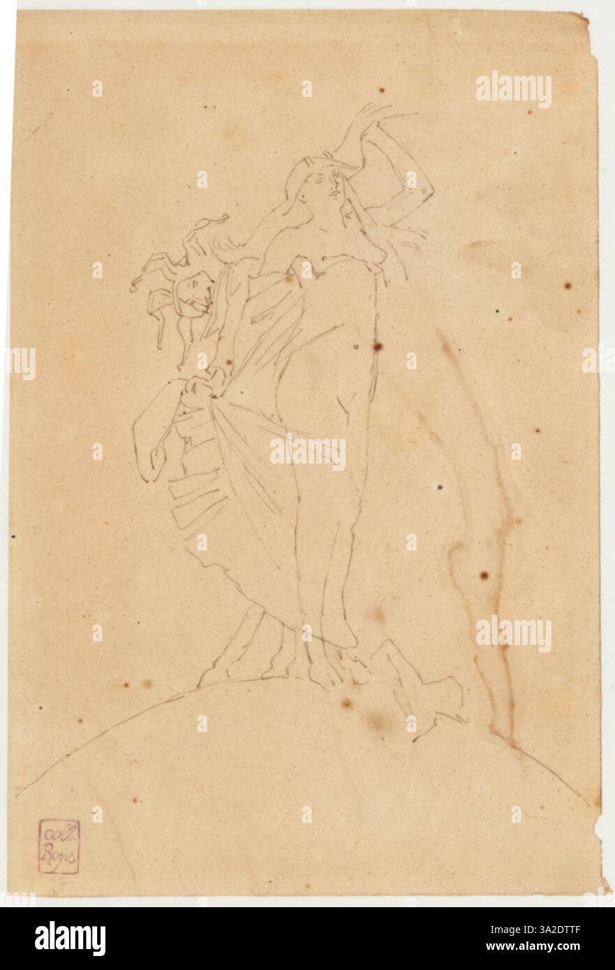 Dieses eindrucksvolle Bild, „Femme et la Folie dominant le Monde“, zeigt eine Frau, die den Wahnsinn repräsentiert und die Kontrolle über die Welt übernimmt. Die surreale Komposition verbindet expressive menschliche Form mit symbolischen Elementen von Chaos und Dominanz. Stockfoto