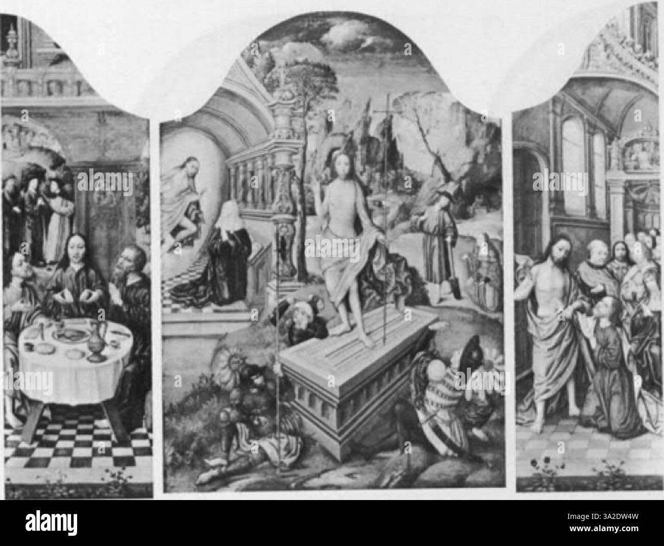 Scorel und Coeck van Aelst vereinen religiöse Themen mit außergewöhnlicher Aufmerksamkeit auf die menschliche Anatomie und lebensechte Details, die für den Realismus der Renaissance charakteristisch sind. Stockfoto