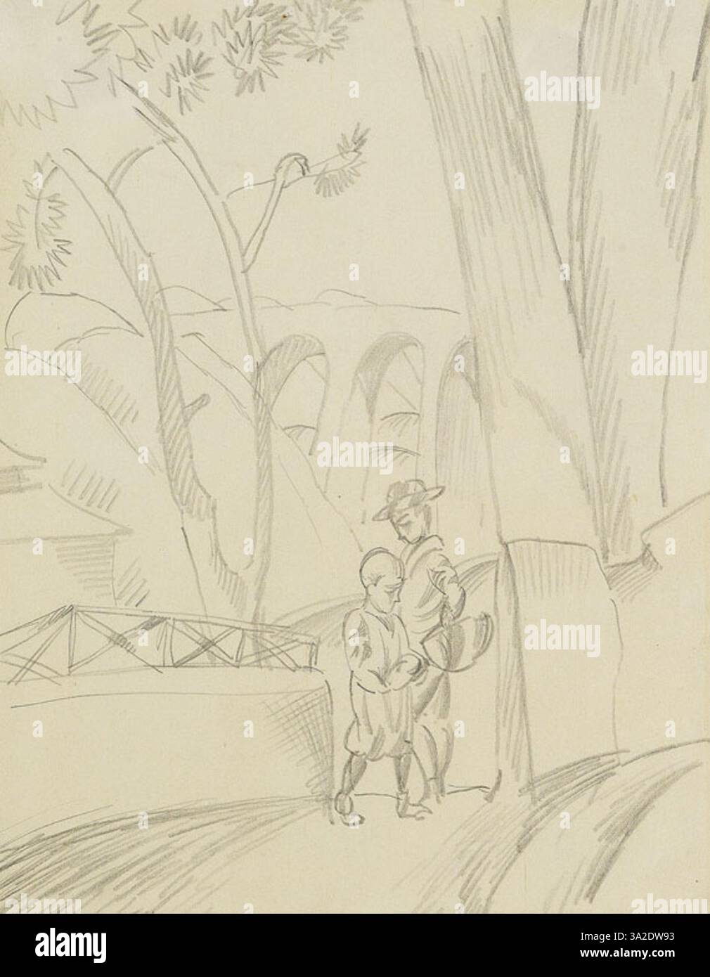 Knaben in südlicher Landschaft von August Macke stellt zwei Jungen in einer sonnendurchfluteten Landschaft dar. Die Szene fängt die lebendigen, warmen Töne einer südlichen Region ein. Stockfoto