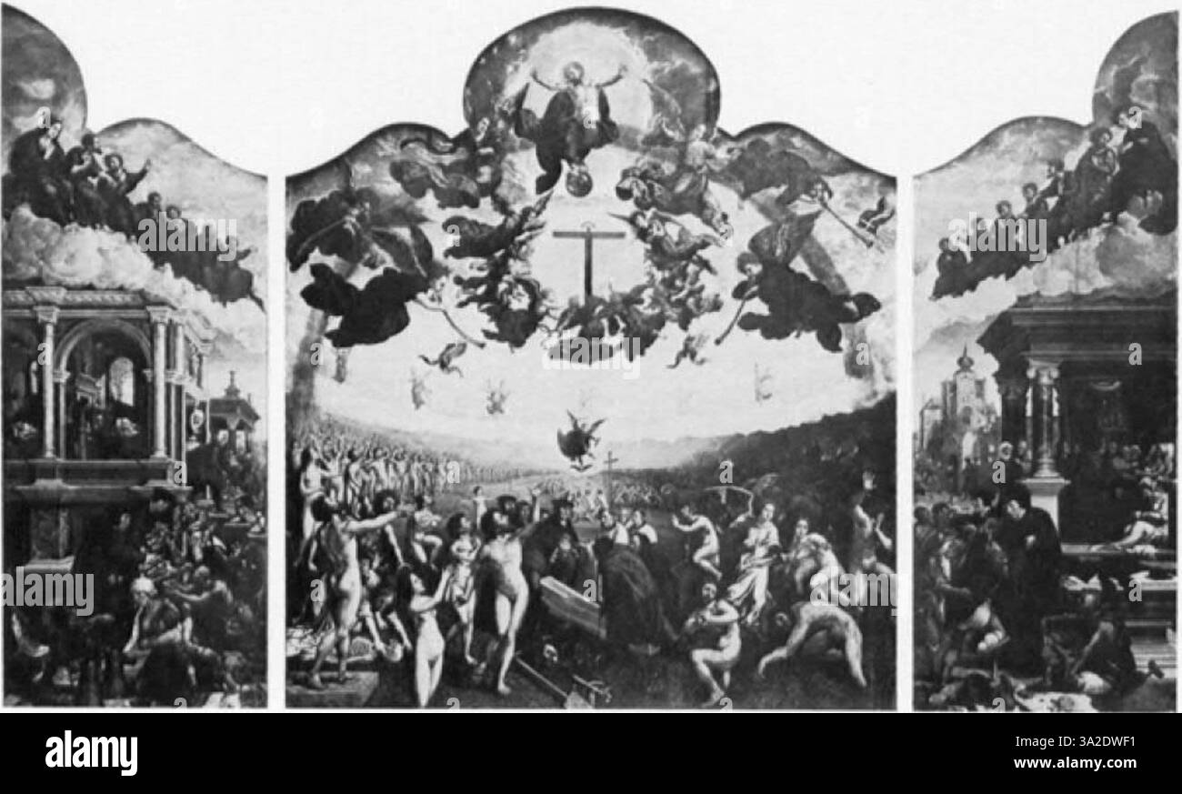 In diesem Stück präsentieren Gossart und van Orley lebensechte Figuren mit einem Fokus auf reiche Texturen und das Zusammenspiel von Licht und Schatten im Stil der nördlichen Renaissance. Stockfoto