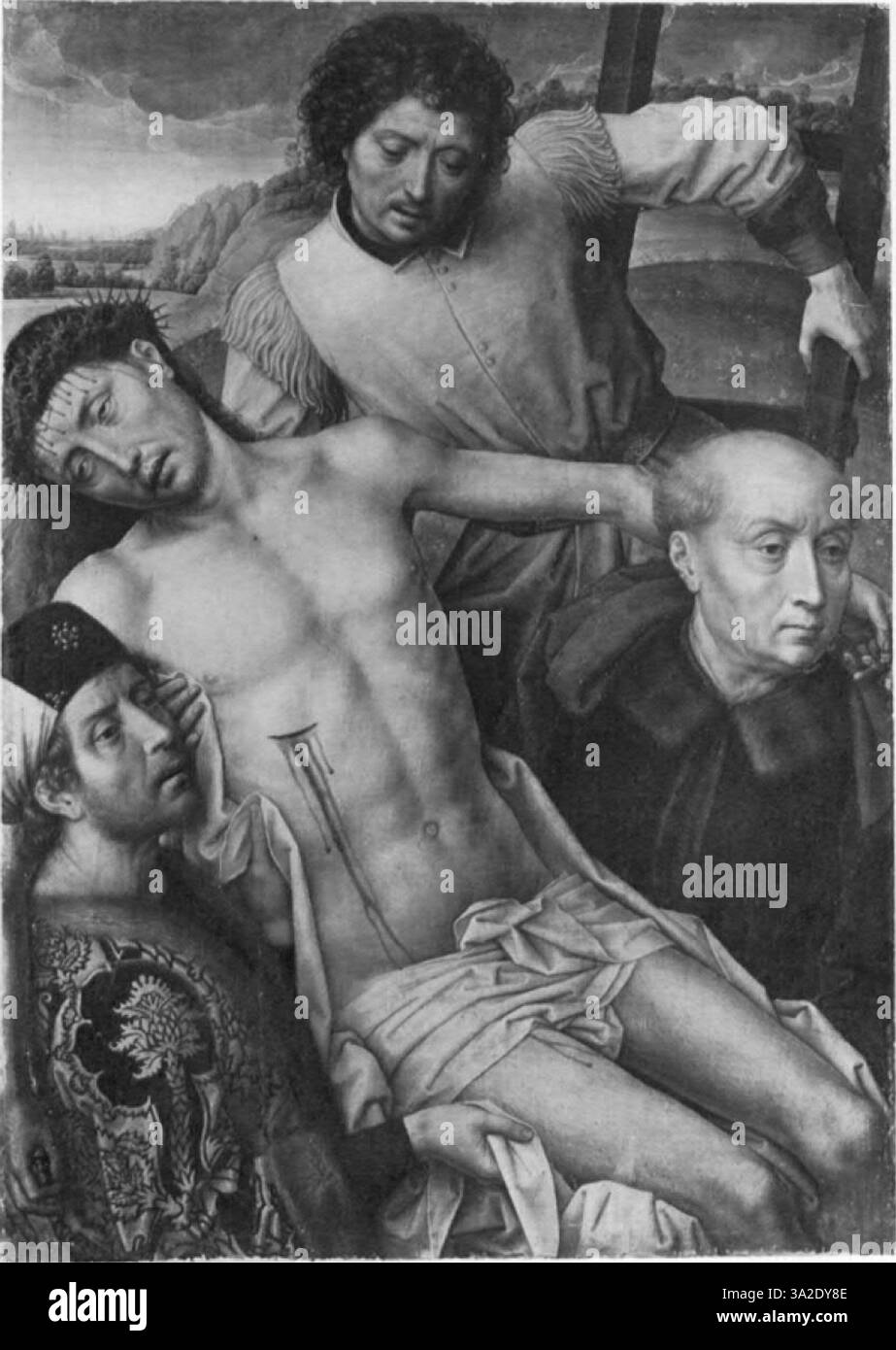 Dieses Stück von Hans Memlinc und Gerard David zeigt eine heilige Szene aus der Bibel. Die detailreiche und realistische Darstellung der Figuren, gepaart mit der reichen Farbpalette, verdeutlicht das Engagement der Nördlichen Renaissance für den religiösen Realismus. Stockfoto