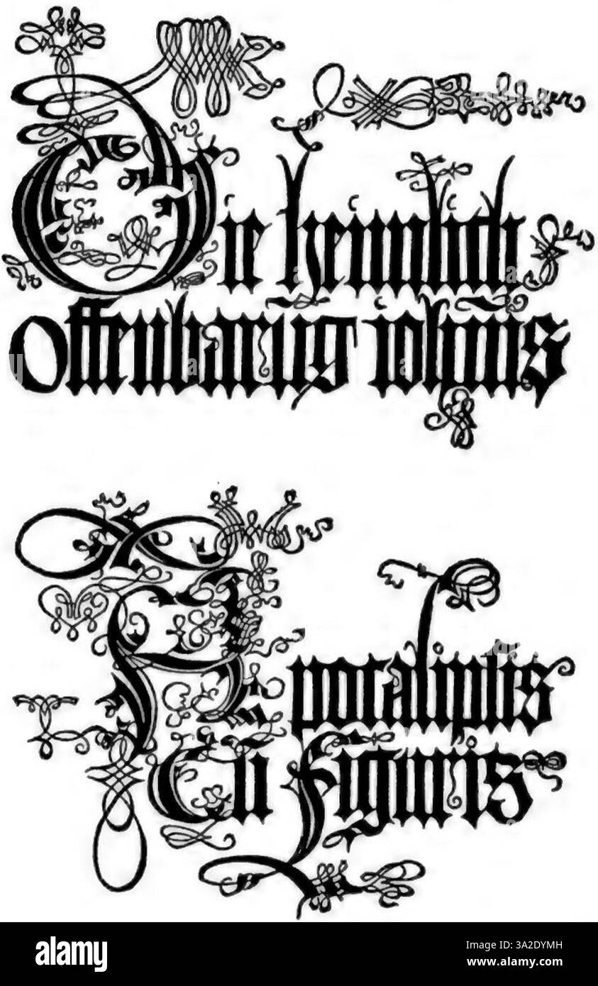 Dieser Holzschnitt von Albrecht Dürer zeigt Szenen aus der Johannes-Offenbarung mit lebendigen Darstellungen apokalyptischer Themen mit detaillierten Figuren und Symbolen. Stockfoto