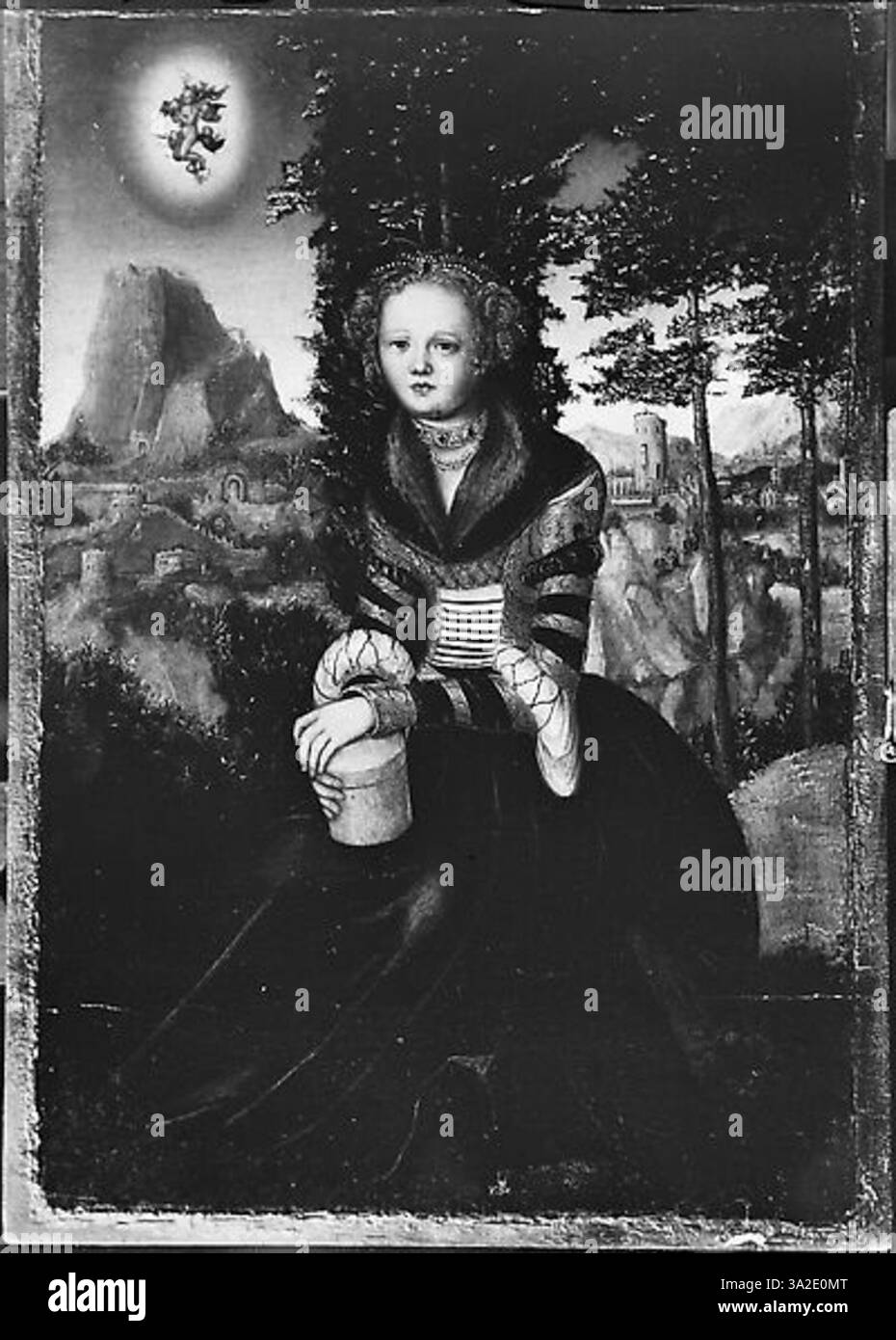 Dieses Gemälde von Lucas Cranach dem Älteren zeigt die hl. Magdalena und betont ihre Buße und Hingabe. Die heilige wird typischerweise mit ihren Attributen dargestellt, wie einem Salbenglas, das ihre Rolle in der christlichen Hingabe repräsentiert. Stockfoto