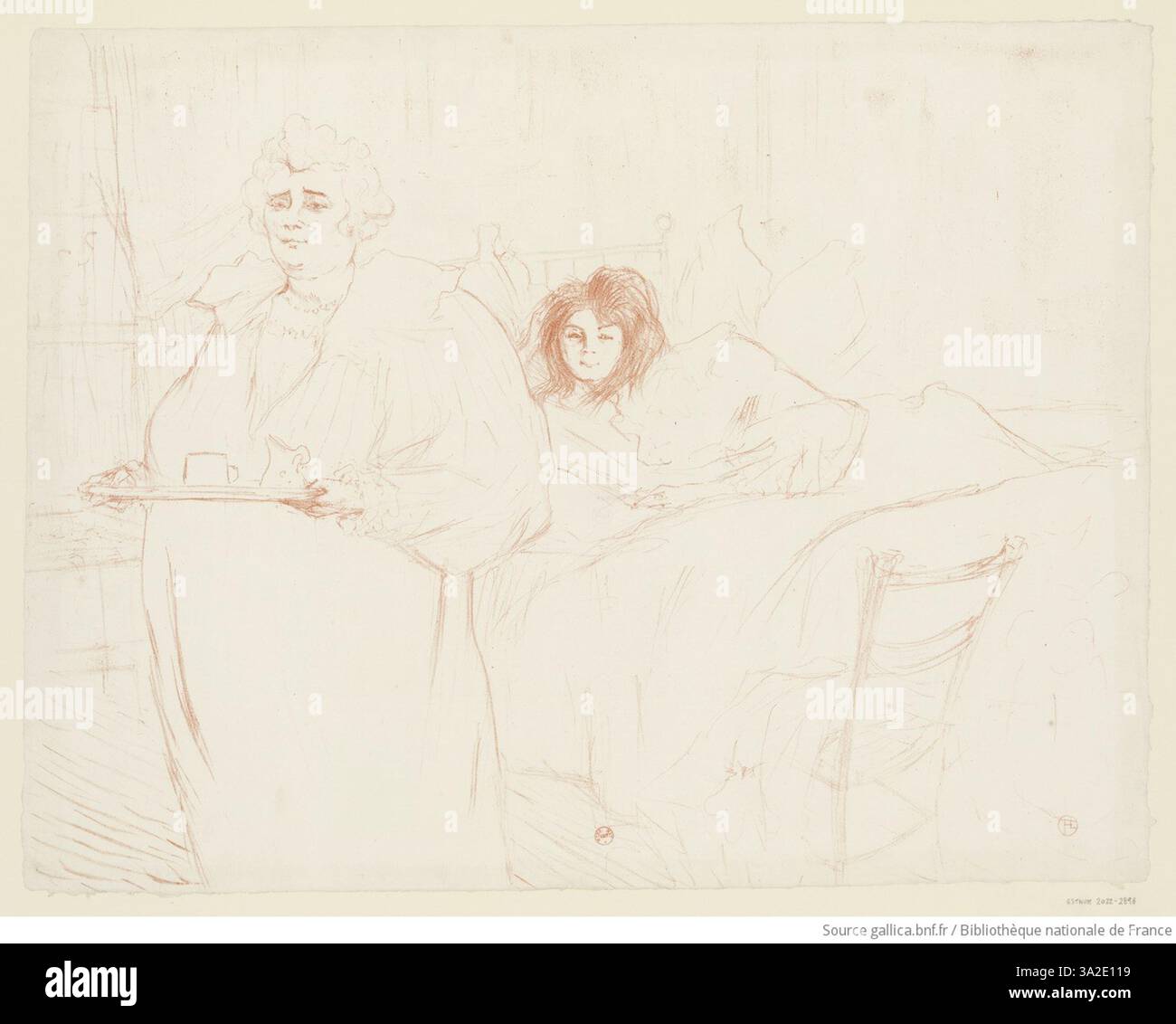 „Femme au Plateau - Petit déjeuner“ fängt eine intime Szene von zwei Frauen, Madame Baron und Mademoiselle Popo, ein, die Frühstück genießen. Toulouse-Lautrecs Lithografie zeigt seinen unverwechselbaren Stil mit fließenden Linien und zarten Schattierungen, die den ruhigen, persönlichen Moment zwischen den beiden Figuren betonen. Stockfoto