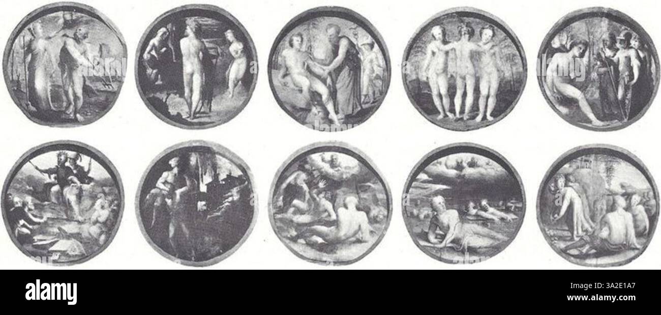 Dies ist eine Übersicht über zehn Tondi, die von Domenico Beccafumi im Jahr 1529 geschaffen wurden und in Siena im Palazzo Bindi Sergardi ausgestellt wurden. Die Tondi-Serie bietet biblische und allegorische Themen mit akribischen Details und leuchtenden Farben. Stockfoto