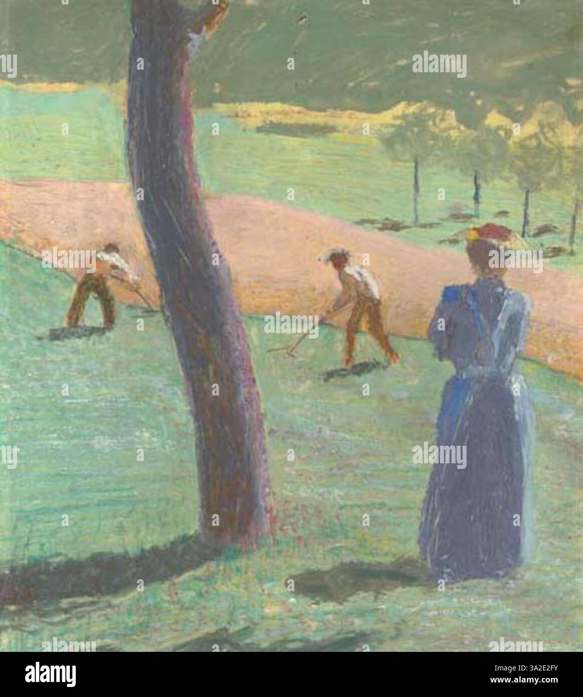 „Arbeiter auf dem Feld bei Kandern“ von August Macke zeigt Landarbeiter, die auf einem Feld arbeiten. Das Gemälde zeigt Mackes Verwendung von Farben und vereinfachten Formen. Stockfoto