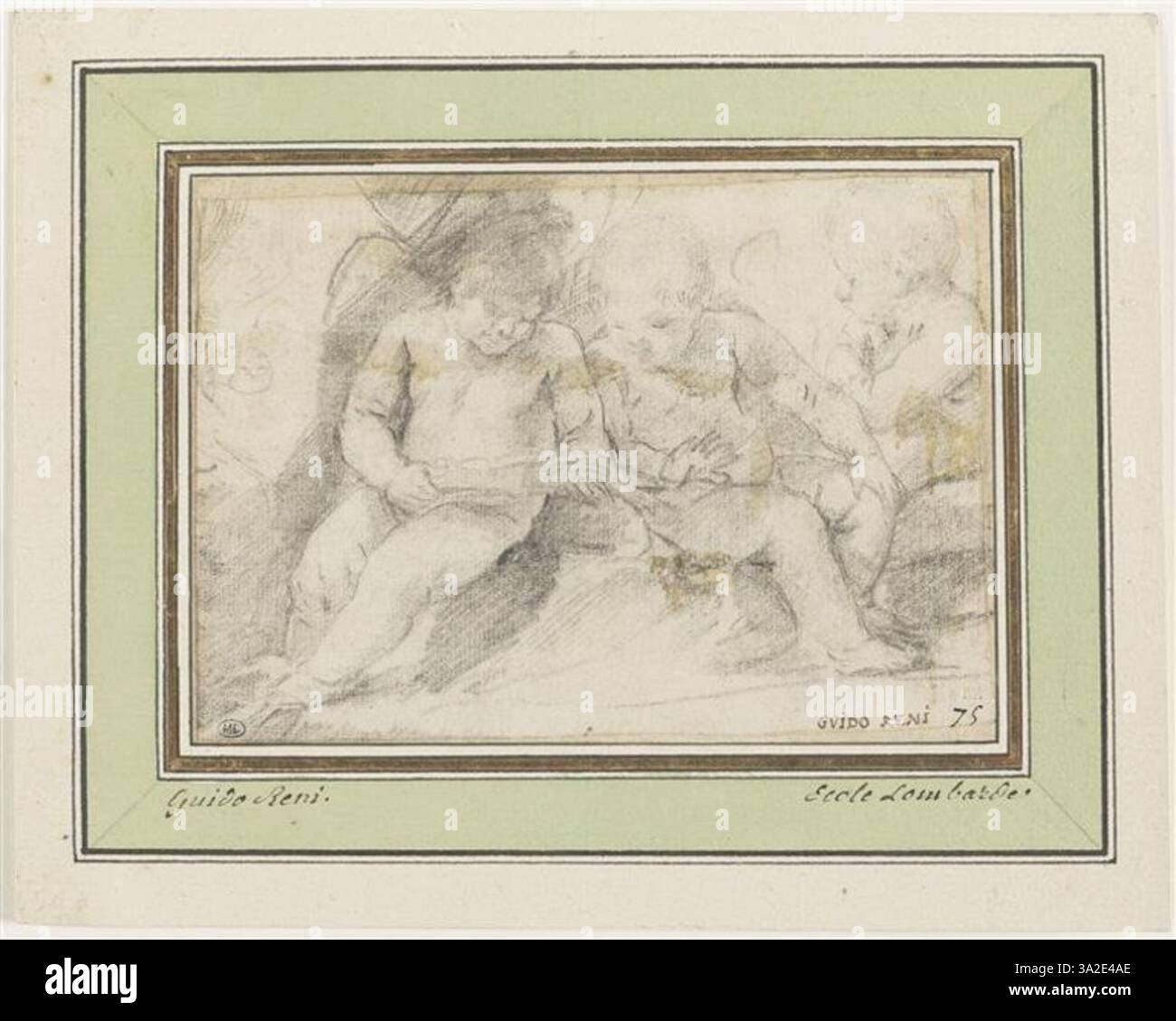 Dieses Gemälde zeigt drei sitzende Kinder, von denen zwei zu lesen und zu singen scheinen. Die lebhafte Szene betont die Jugendliche Unschuld und die Freude an Musik und Lernen. Stockfoto