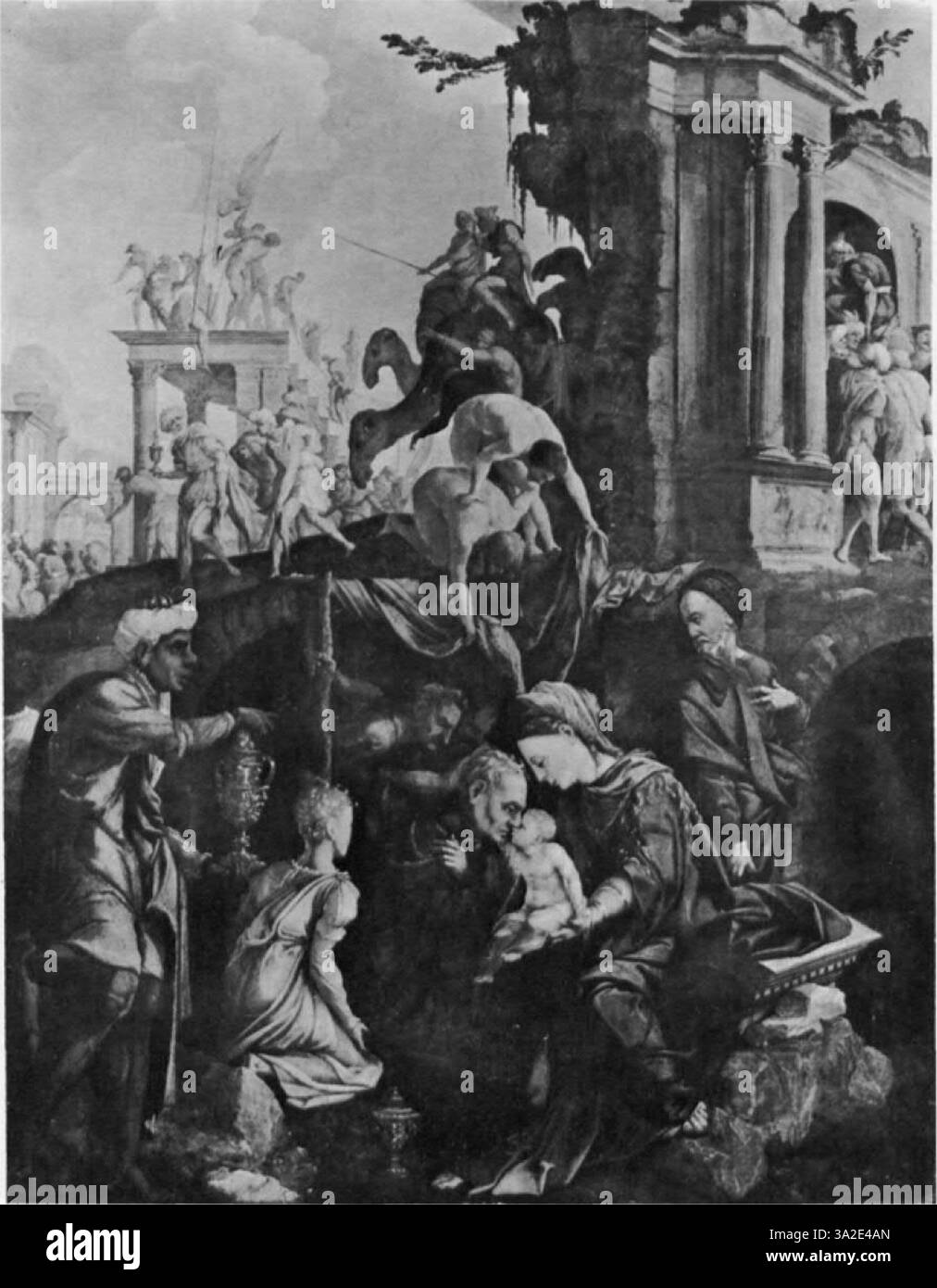 Jan van Scorel und Pieter Coeck van Aelst aus der frühen niederländischen Zeit zeigt religiöse Figuren mit sehr detaillierten Merkmalen und einer reichen Farbpalette, die eine realistische Darstellung und eine sorgfältige Darstellung von Licht und Schatten hervorhebt. Stockfoto