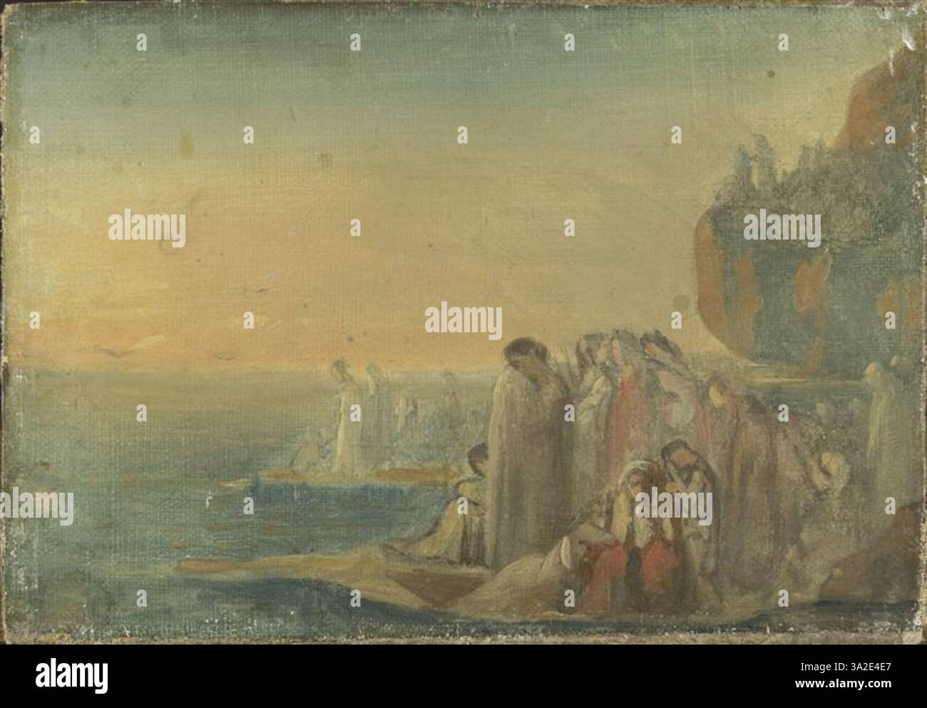 Diese Skizze von Chassériau zeigt Trojanische Frauen, die den Verlust von Anchises trauern und die ergreifende Trauer der mythologischen Szene festhalten. Die zarten Linien und düsteren Töne spiegeln die emotionale Tiefe der Tragödie wider. Stockfoto