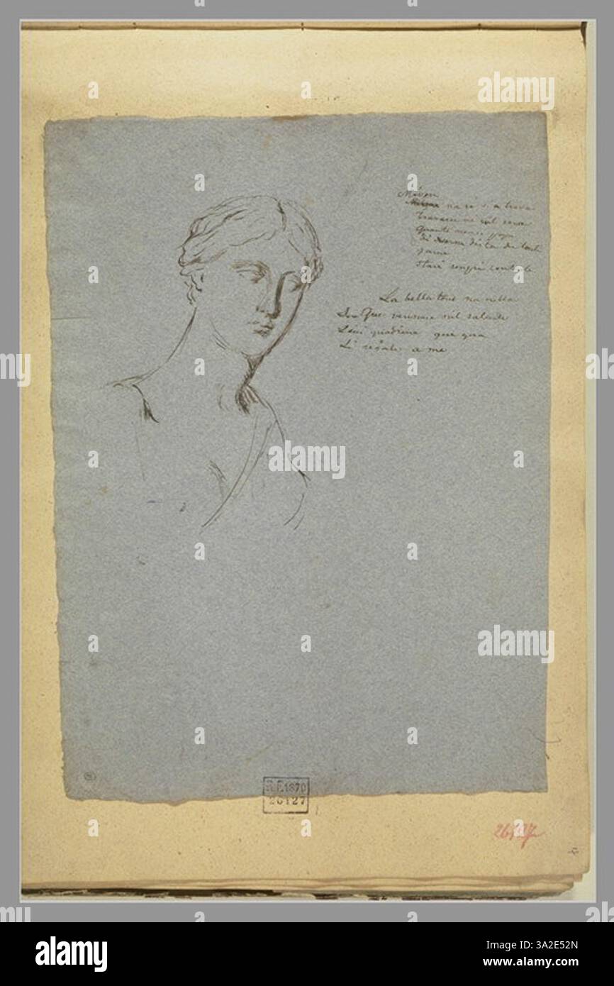 Diese Studie von Chassériau präsentiert eine Dreiviertelansicht eines weiblichen Kopfes, inspiriert von Skulpturen, die zarte Gesichtszüge und klassische Einflüsse einfangen. Stockfoto