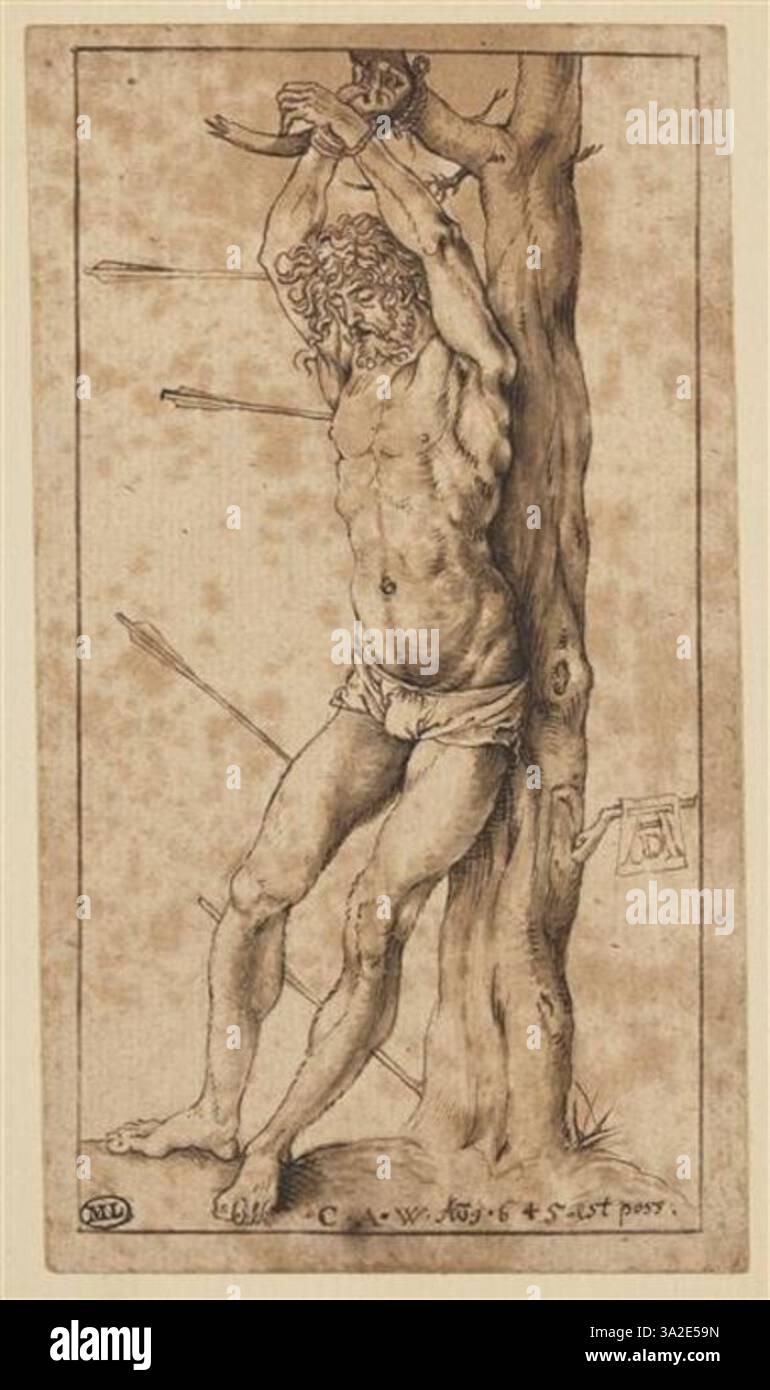 Eine detaillierte Studie über das Martyrium des heiligen Sebastian von Albrecht Dürer, die den intensiven emotionalen Ausdruck und die dynamische Komposition der Szene zeigt. Der Künstler reproduziert sorgfältig das Leiden und den Symbolismus, der mit dieser religiösen Figur verbunden ist, mit feinen Kreuzschraffur- und Schattierungstechniken. Stockfoto