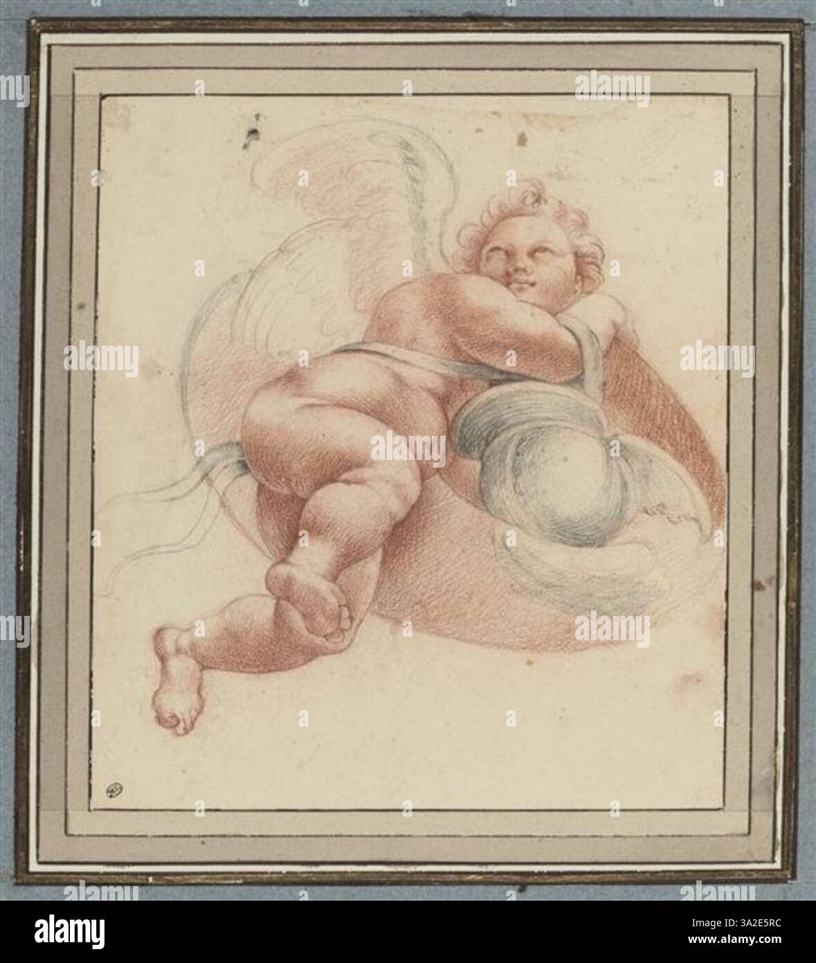 Diese Zeichnung ist eine Kopie nach Raphaels Darstellung eines fliegenden Puttos mit Helm und Schild. Er betont das wiederkehrende Thema spielerischer und kraftvoller Putti-Figuren in der Renaissance-Kunst. Stockfoto