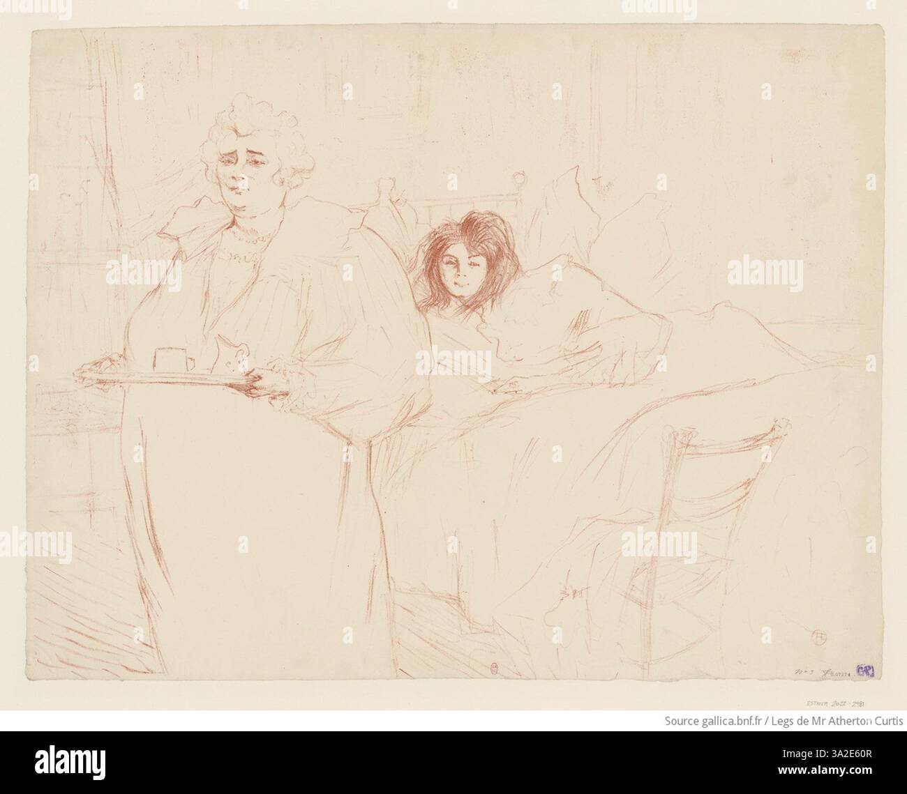 Dieses Kunstwerk zeigt Madame Baron und Mademoiselle Popo beim Frühstück. Die Frauen werden in einem Moment der täglichen Routine dargestellt, wobei Toulouse-Lautrec die Einfachheit und Lebendigkeit ihrer Interaktion durch seine charakteristische Farb- und Linienarbeit einfängt. Stockfoto