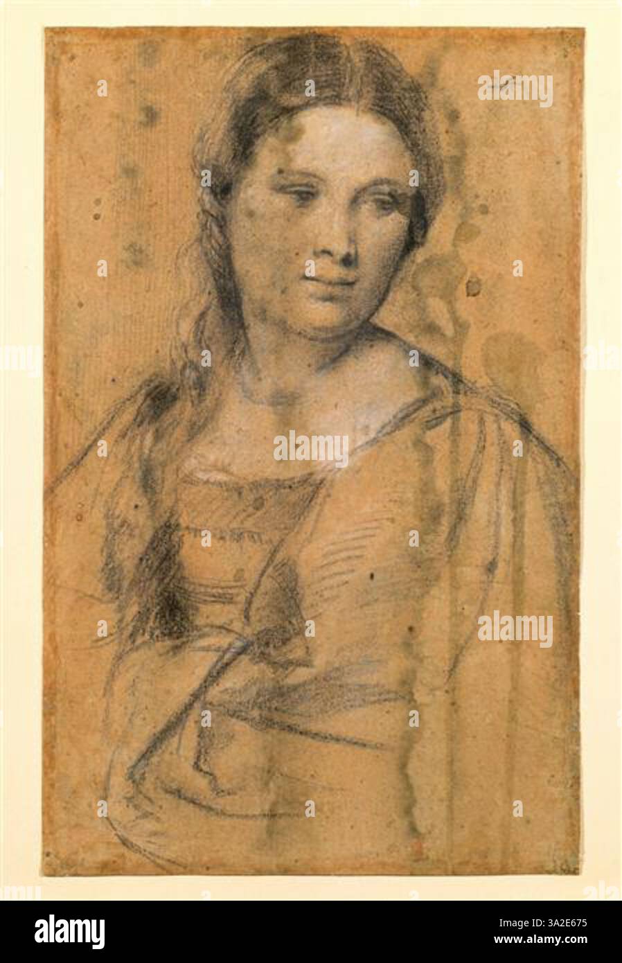 Dieses Porträt von Tizian zeigt eine junge Frau, die seine Meisterschaft in der Darstellung jugendlicher Schönheit und Anmut unterstreicht. Das Werk spiegelt die Fähigkeit des Künstlers wider, die natürliche Eleganz seiner Motive einzufangen. Stockfoto