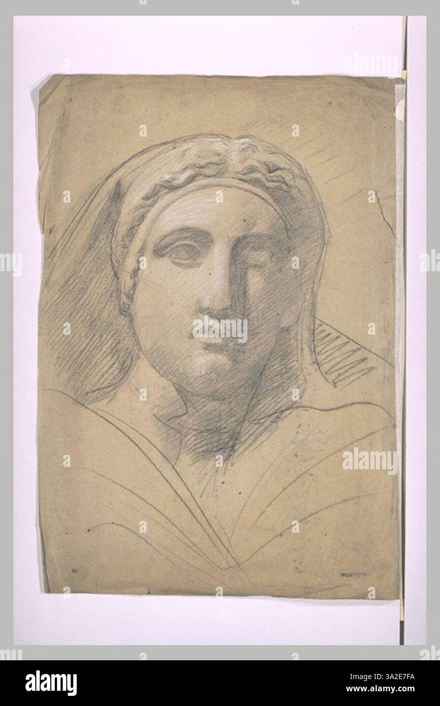 Diese Studie zeigt den Kopf einer Frau, die mit einer alten Frisur gestylt ist und den klassischen Einfluss widerspiegelt. Chassériau legt besonderen Wert auf die Eleganz der Frisur und das feminine Profil. Stockfoto