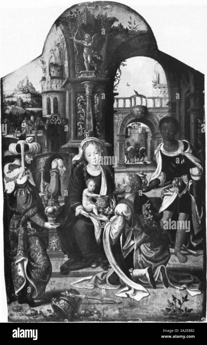 Adriaen Ysenbrants Werk veranschaulicht den Antwerpener manieristischen Stil mit seinem Fokus auf langgezogene Figuren und emotionalen Ausdruck. Das dramatische Licht und die komplizierten Details verstärken das religiöse Thema und spiegeln die spirituelle Intensität der Szene wider. Stockfoto