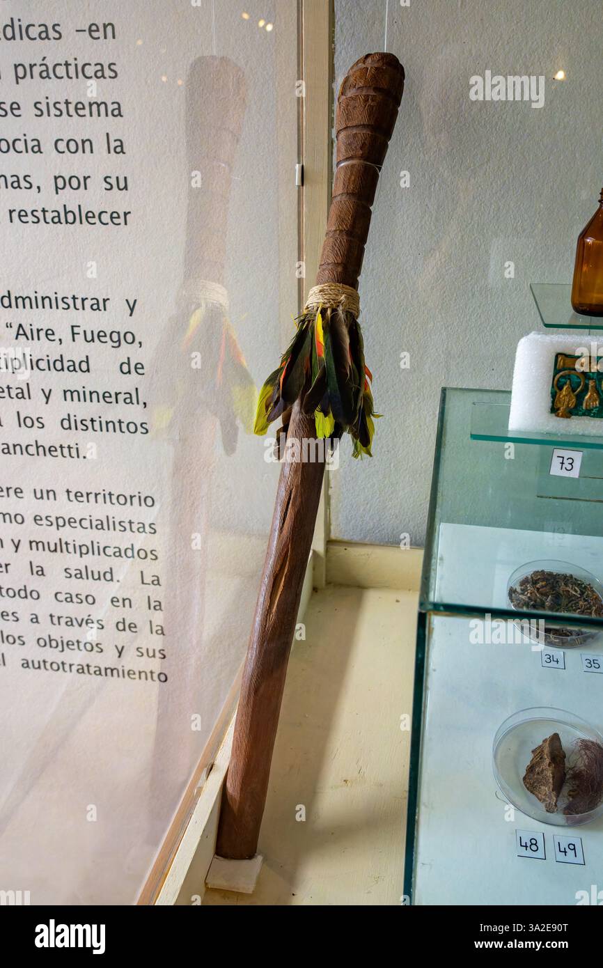 Cermonialrohr der Ayoreos-Kultur in der Region Gran Chaco im Museum für Anthropologie, Salta, Argentinien. Stockfoto