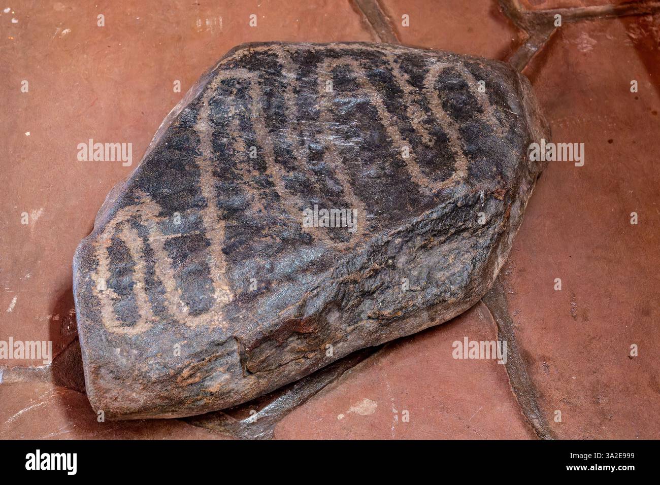 Prähispanische indigene Petroglyphen der Indianer, die auf einen Stein im Museum of Anthropology in Salta, Argentinien gemeißelt wurden. Stockfoto