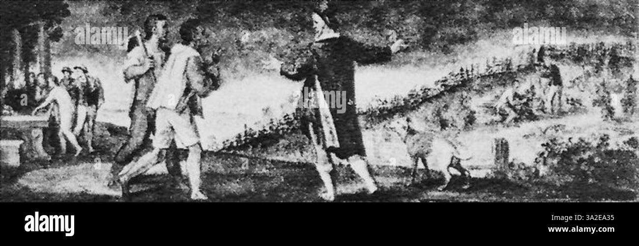 Dieses Stück aus dem 16. Jahrhundert von Paolo Veronese veranschaulicht seinen barocken Stil mit lebendigen Farben und dramatischen Bewegungen. Das religiöse Thema wird mit dynamischen Figuren und emotionaler Intensität dargestellt, die charakteristisch für seine venezianische Kunst sind. Stockfoto
